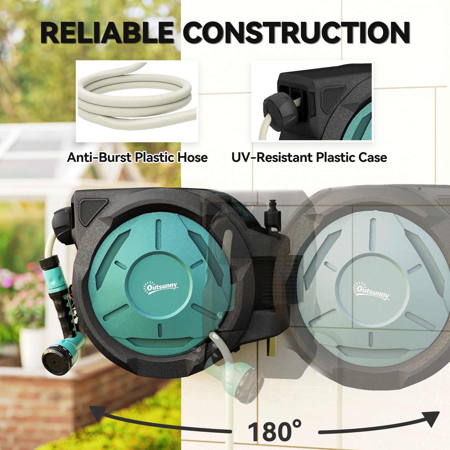 Outsunny Wall-Mounted Hose Reel 20+2m Auto Rewind Black