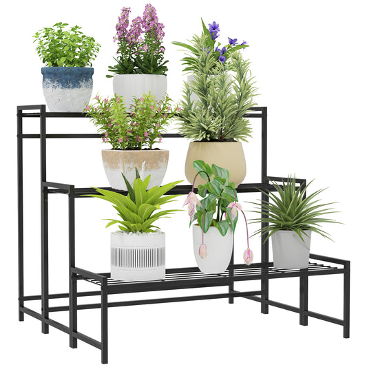 Outsunny 3-Tier Metal Plant Stand, Modern Ladder Shelf Flower Pot Holder for Indoor Outdoor, Display Shelf Rack for Garden Patio Balcony, Black