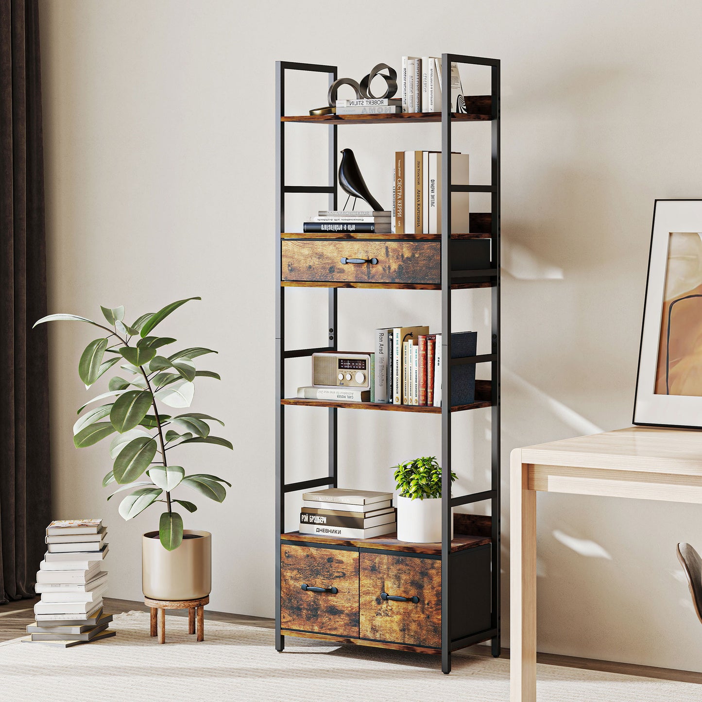 HOMCOM Industrial Bookcase, 6-Tier Tall Bookshelf with 3 Fabric Drawers - Rustic Brown