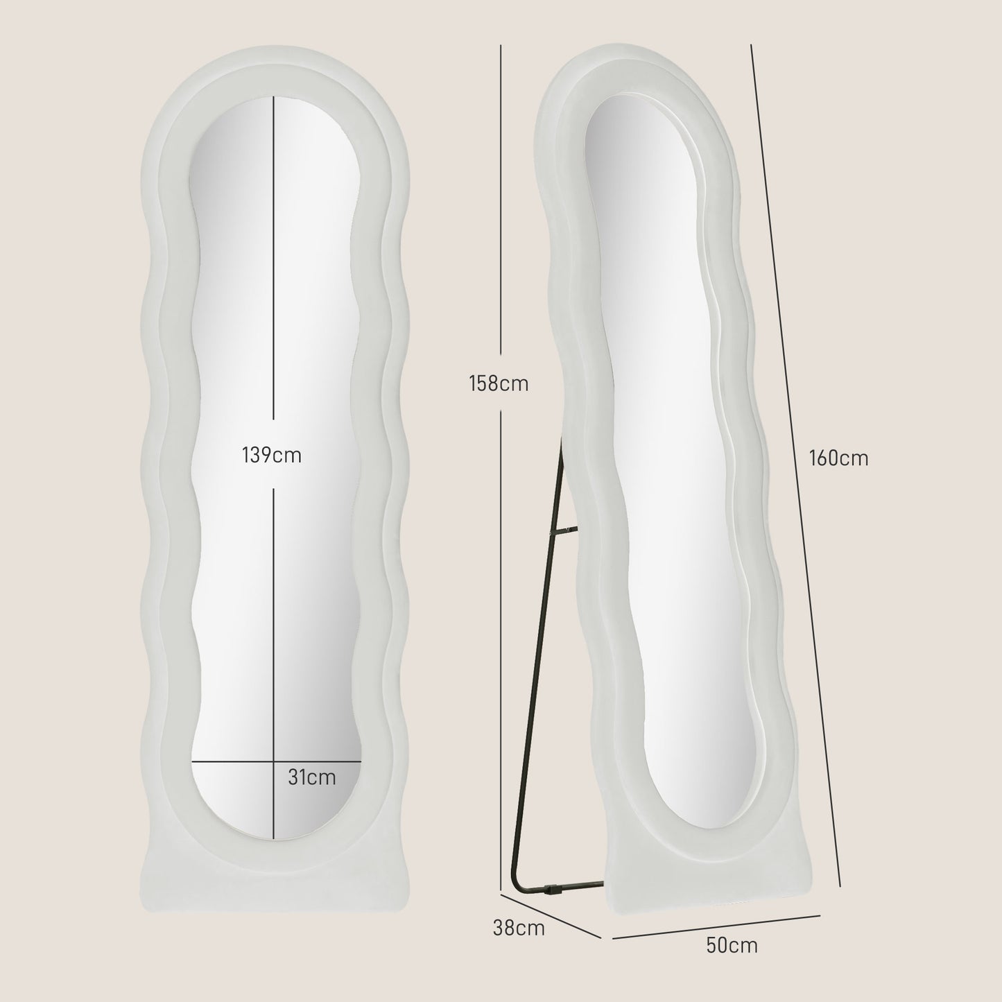 HOMCOM Wavy Velvet-Feel Ripple Full Length Mirror - White