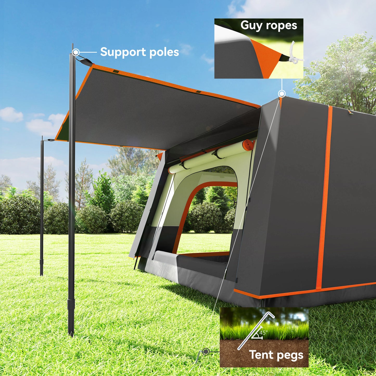Outsunny Camping Tent, 4-6 Man, Double Layer Tunnel with Porch, Living Area, 2 Bedrooms, Waterproof, UPF 30+, Portable with Bag, Grey