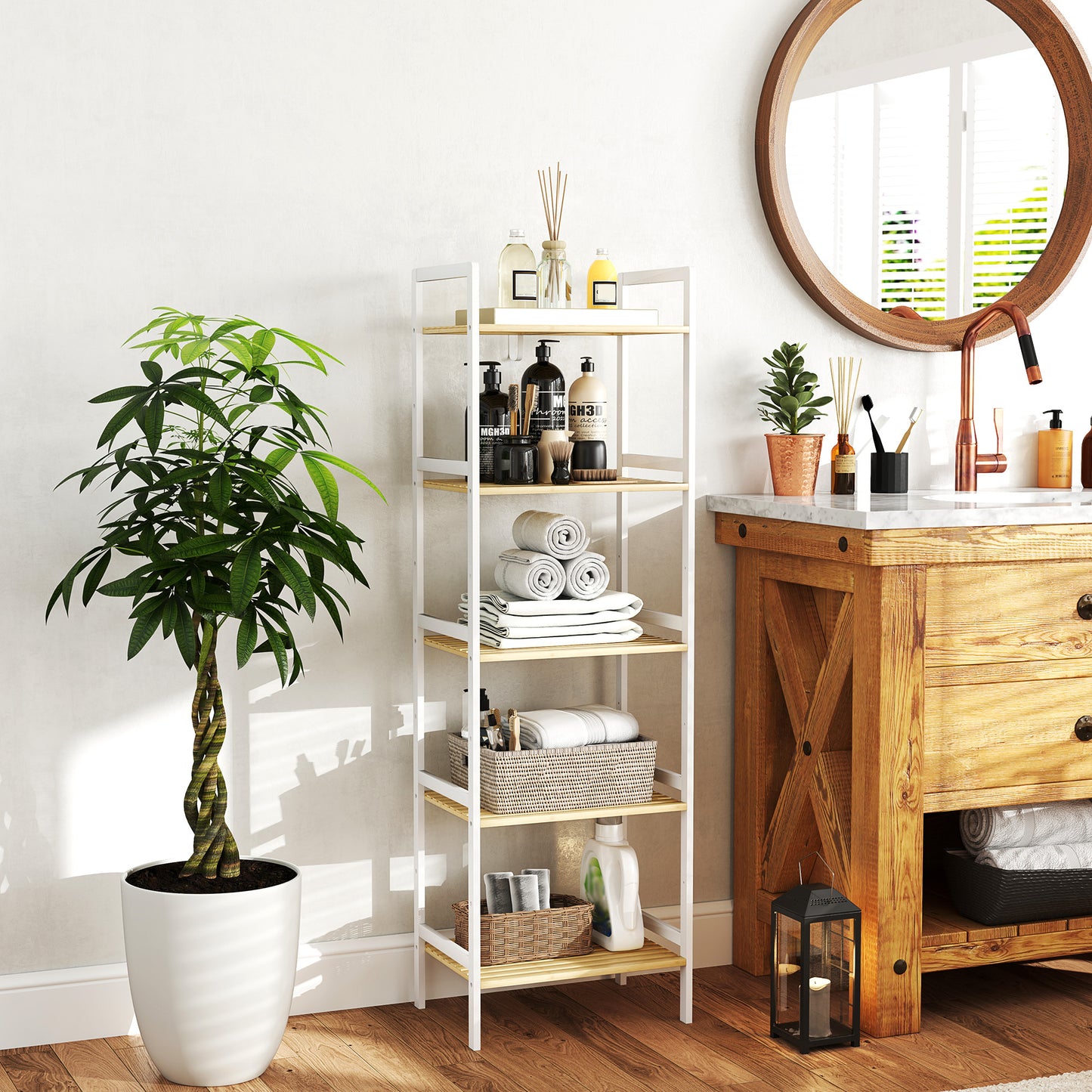 HOMCOM Five-Tier Bamboo Adjustable Shelf Storage Unit