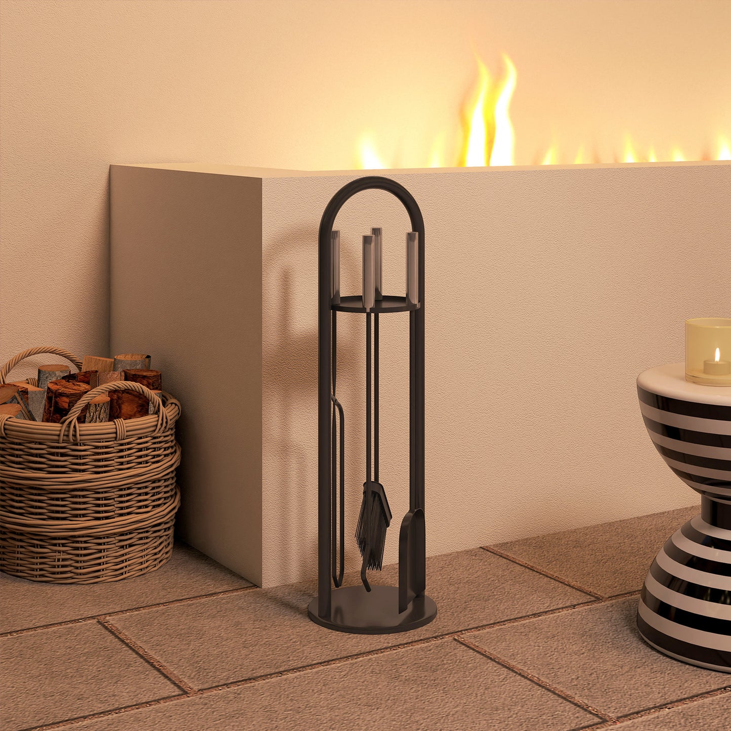 Outsunny 5-Piece Fireplace Set, Metal Accessories with Broom, Shovel, Poker, Tongs, Stand, Silver