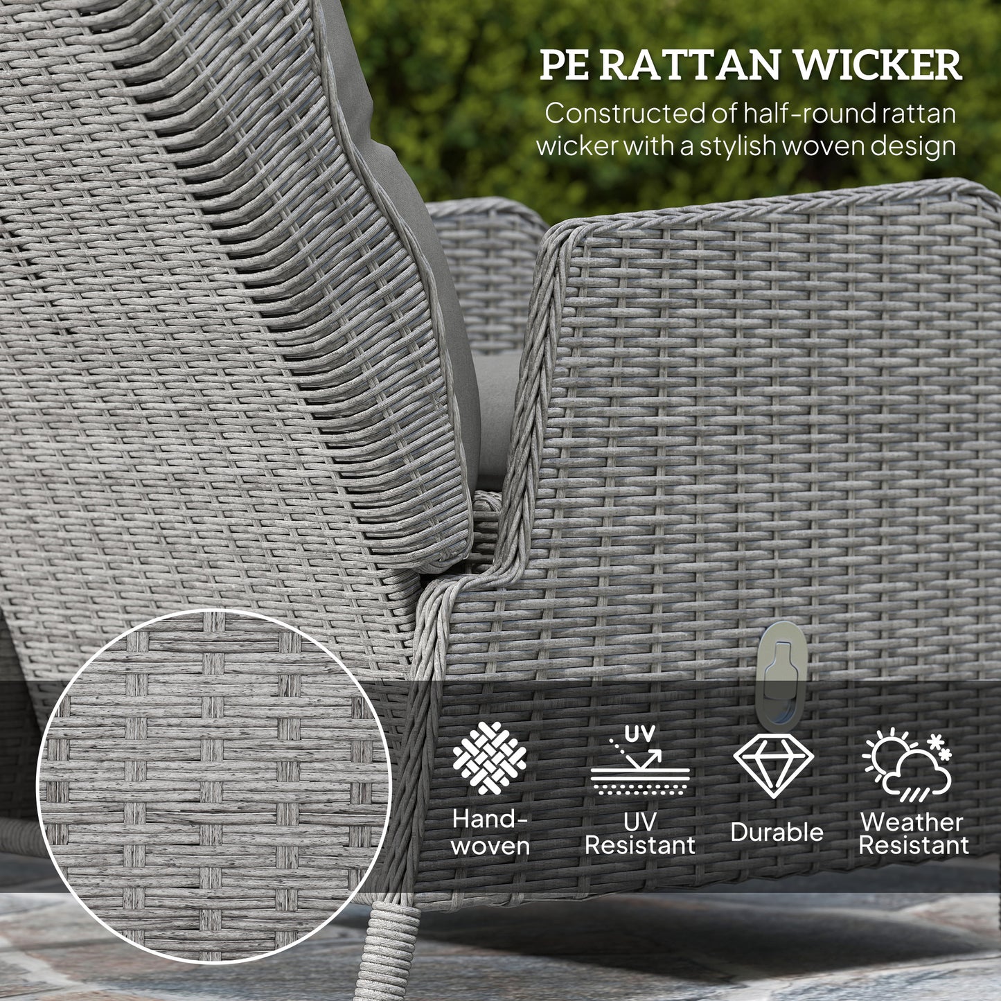 Outsunny 5pc Rattan Bistro Set: Reclining Wicker Furniture with Cushions, Glass Table & Footstools, Light Grey