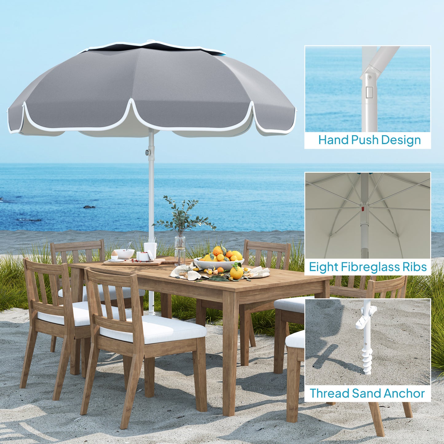 Outsunny Beach Umbrella Portable with Sand Anchor, Carry Bag, Adjustable Height & Tilt, UPF50+ UV Protection, Grey