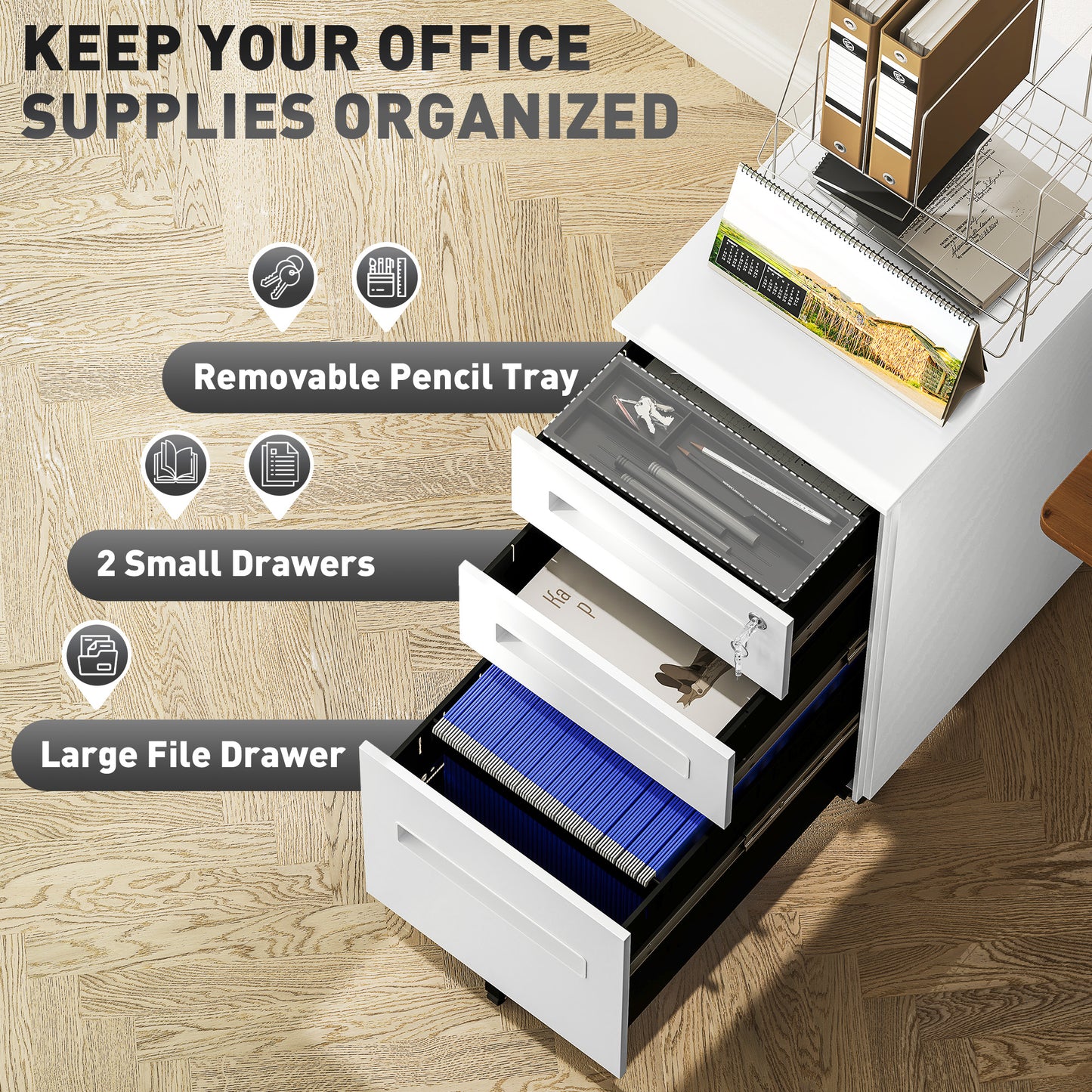 Vinsetto Metal Mobile File Cabinet with Wheels, Lockable 3 Drawer A4/Letter Under Desk Storage, Pre-Assembled, 30x43.5x60cm, White