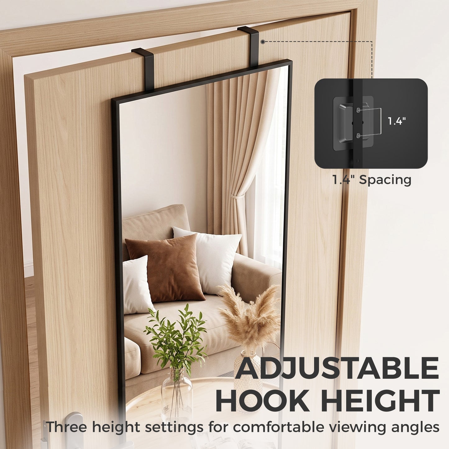 HOMCOM 40 x 110 cm Full Length Wall Mirror, Rectangular Mirror with Adjustable Hooks, Over the Door or Wall Mounted, Black