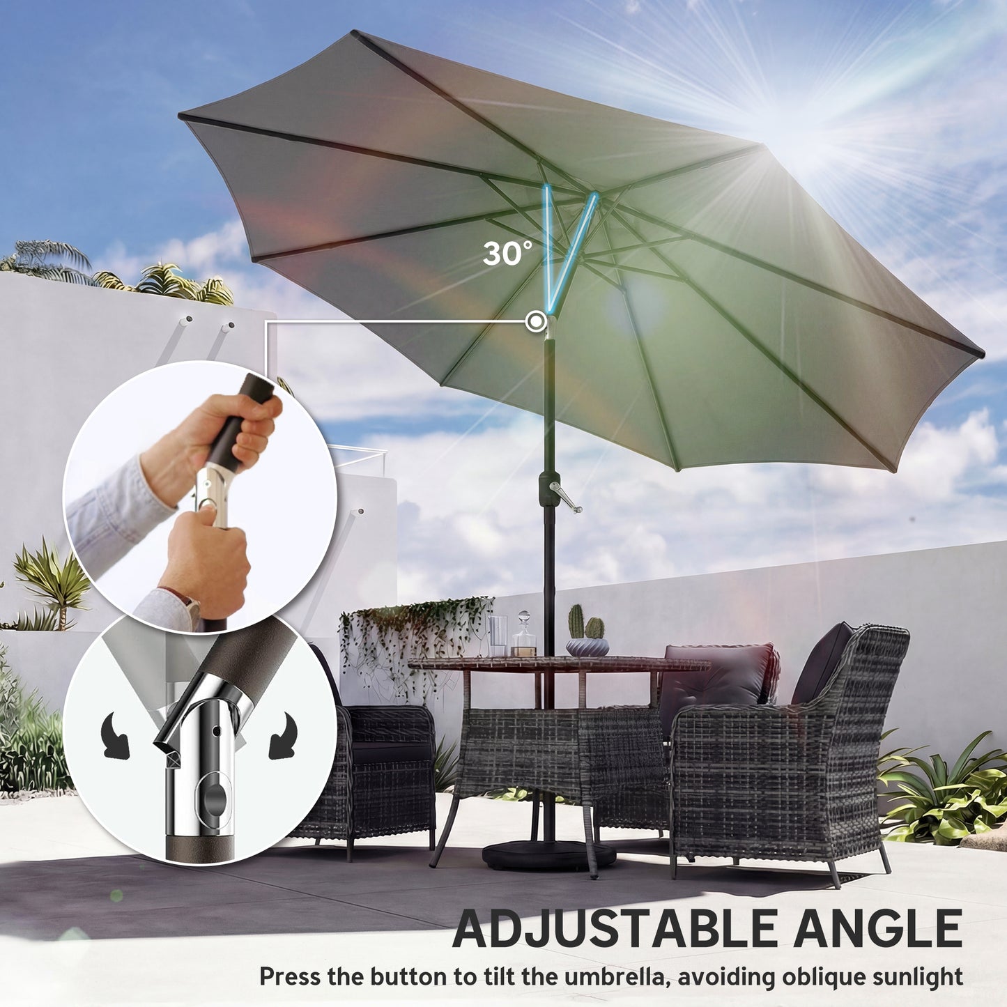 Outsunny 2.7 m Garden Parasol Umbrella with Cross Base and Sandbag, Retractable Ribs, Outdoor Table Market Umbrella, Light Grey