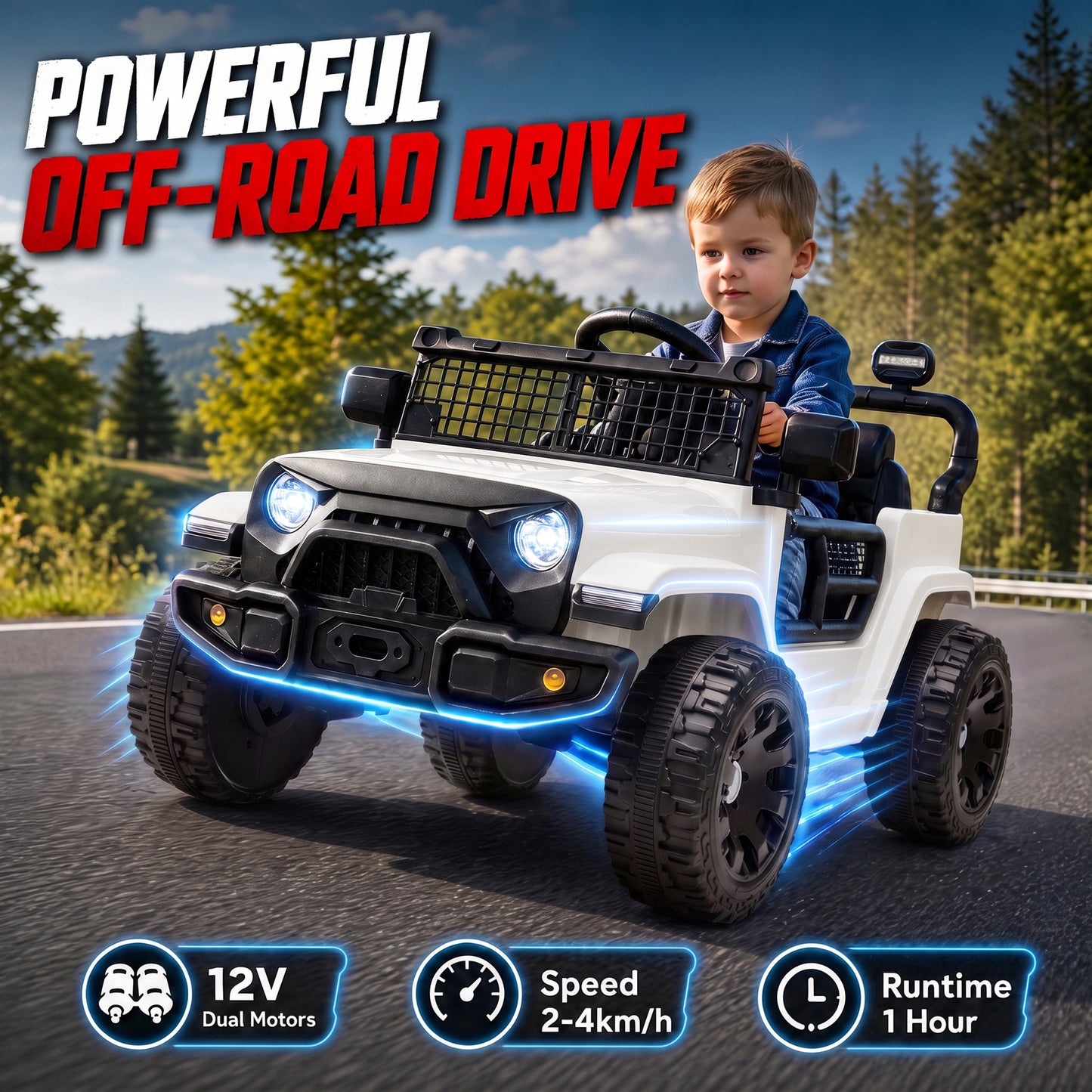 AIYAPLAY 12V Electric Car for Kids with Remote, Dual Motors, Rear Suspension, Soft Start, Music, Lights for 3-8 Years, White