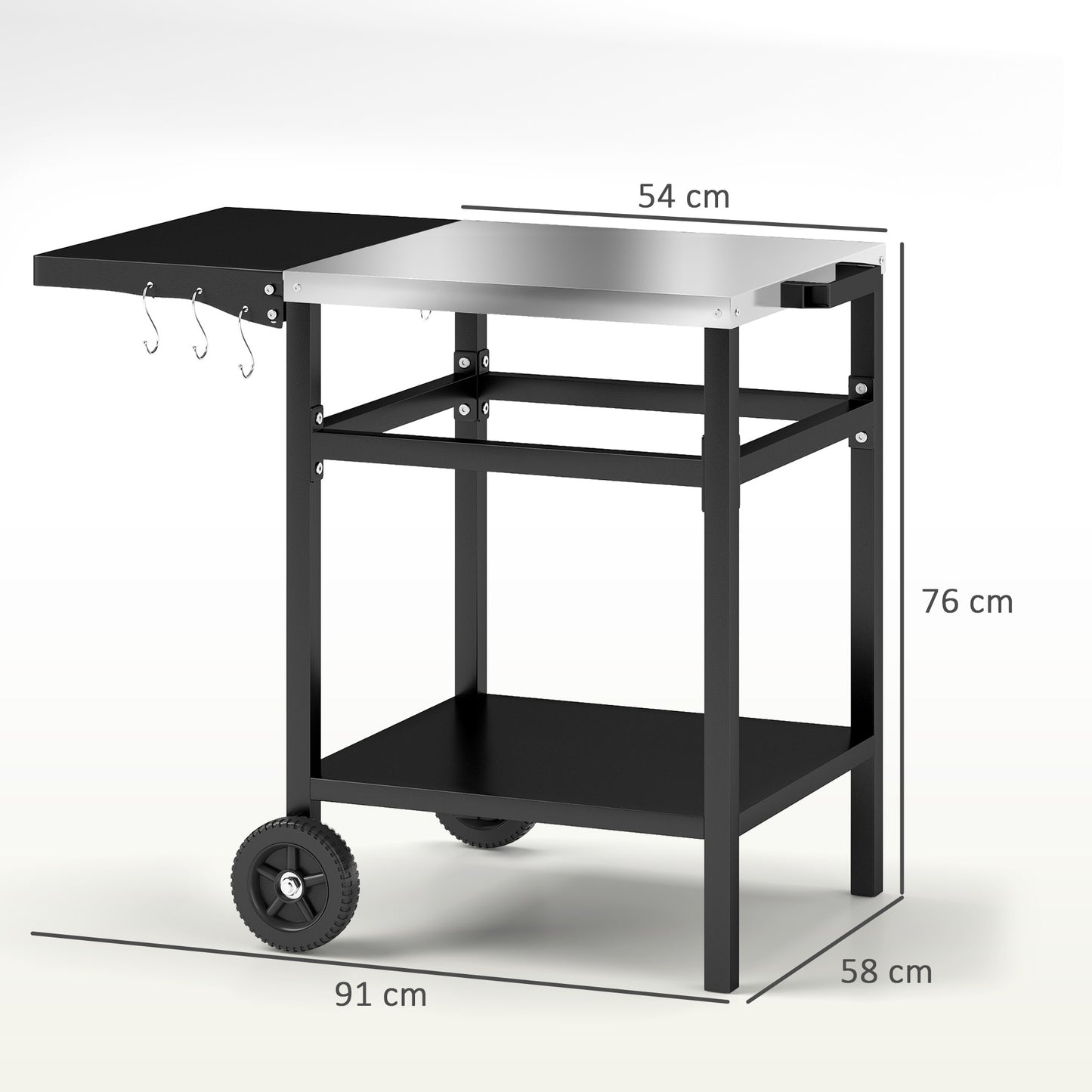Outsunny BBQ Trolley with Stainless Steel Top, Foldable Side Table, Hooks, Shelf, Pizza Oven Table, Movable Grill Cart with Cover, Black