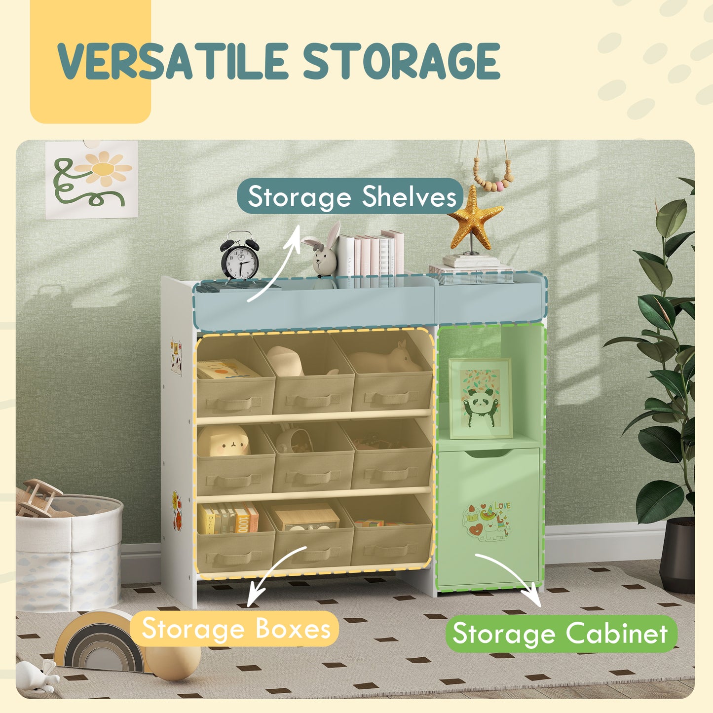 AIYAPLAY Kids Toy Storage, 9 Removable Fabric Bins, Wooden Toy Storage Units for Toys and Books for Bedroom, Nursery, White