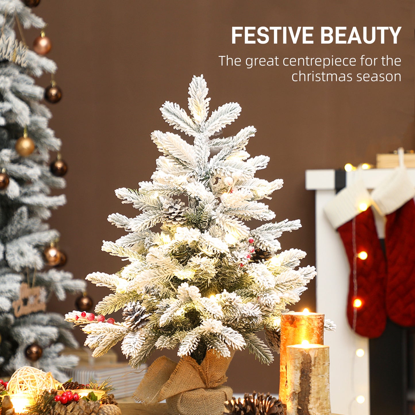 HOMCOM 60cm Prelit Christmas Tree w/ 35 LED Lights, Snow Flocked, Pine Cones, Berries, Linen Base, Battery Operated, Green