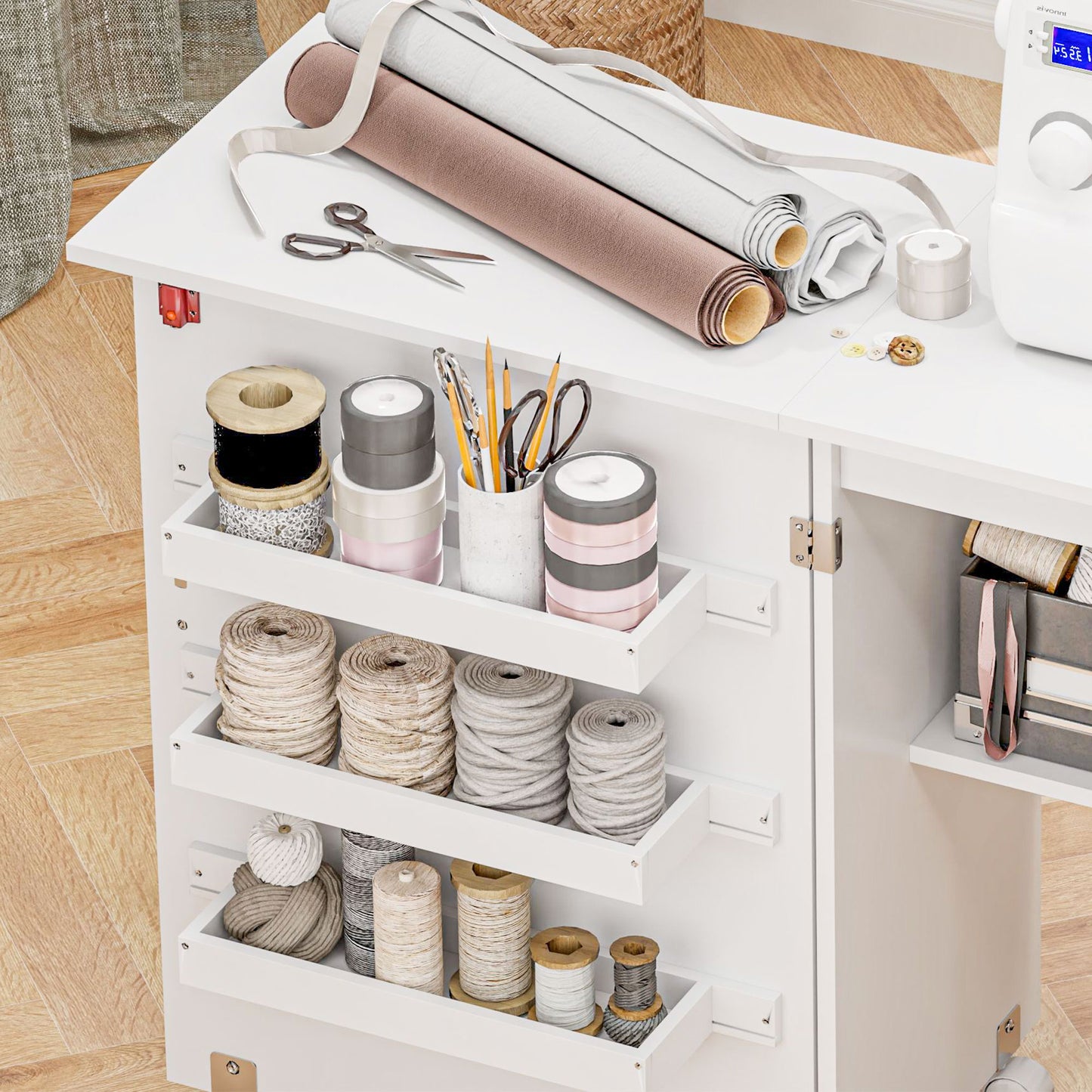 HOMCOM Folding Sewing Table, Drop Leaf Design, Storage Bins & Rolling Wheels, White
