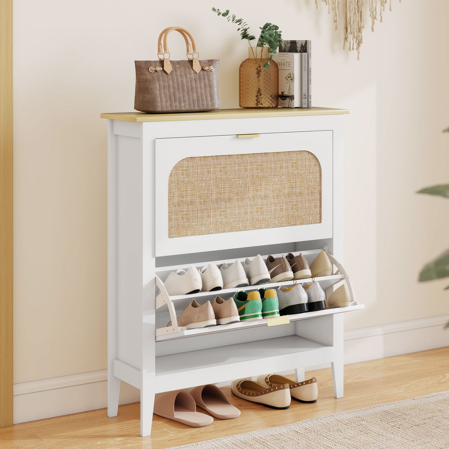 HOMCOM Shoe cabinet 14 pairs boho with 2 flip-down drawers, rattan cane-effect doors, 80 x 24 x 95.5 cm, White