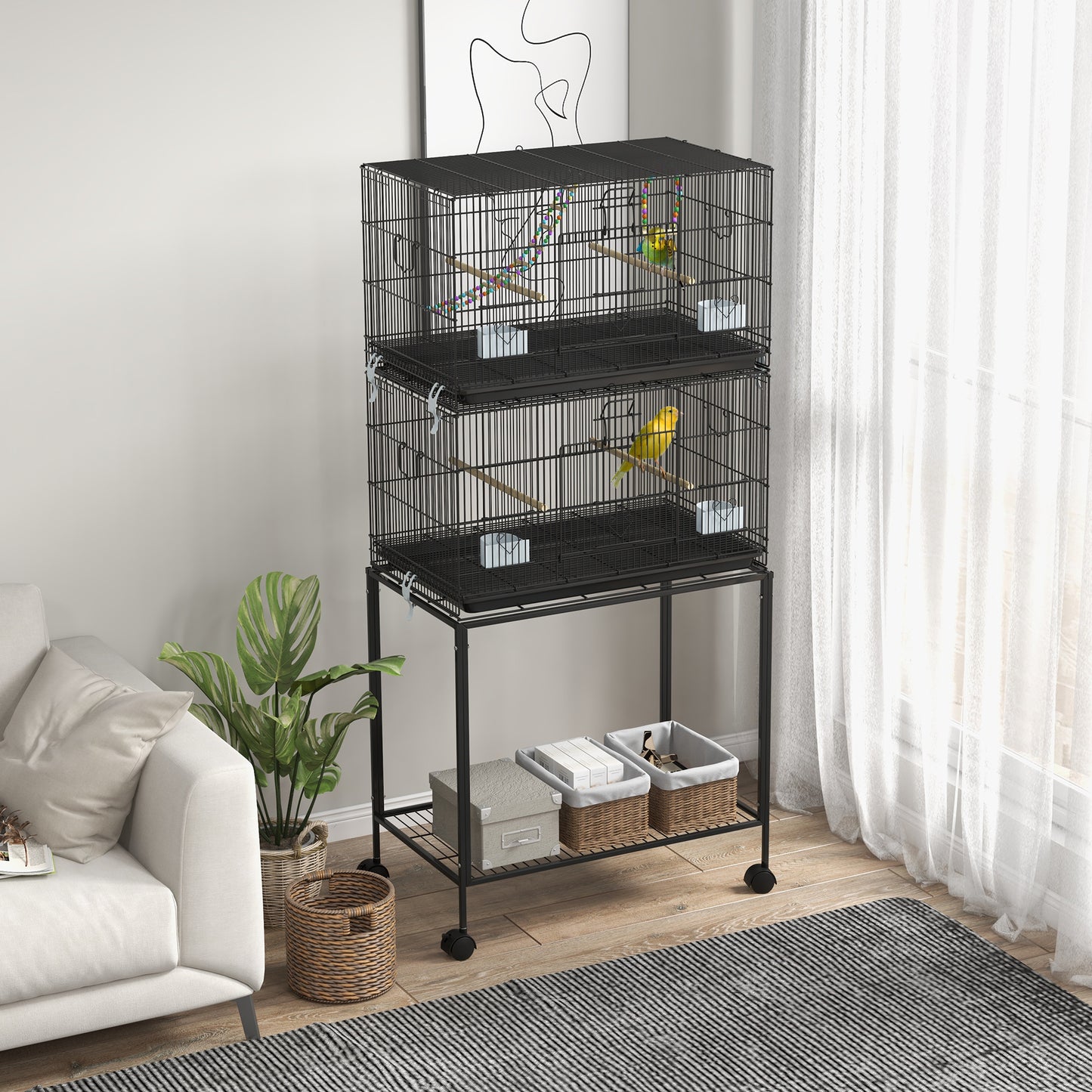 PawHut Two-Tier Bird Cage on Wheels with Stand for Small Birds