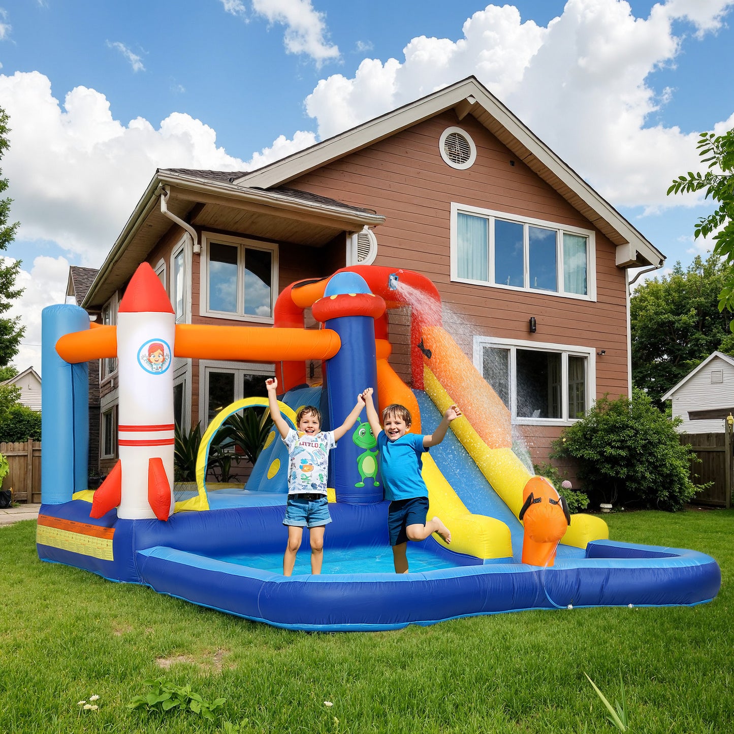 AIYAPLAY 5 in 1 Bouncy Castle for Children with 550W Blower, Water Slide, Splash Pool, Jumping Area, Climbing Wall, Cannon