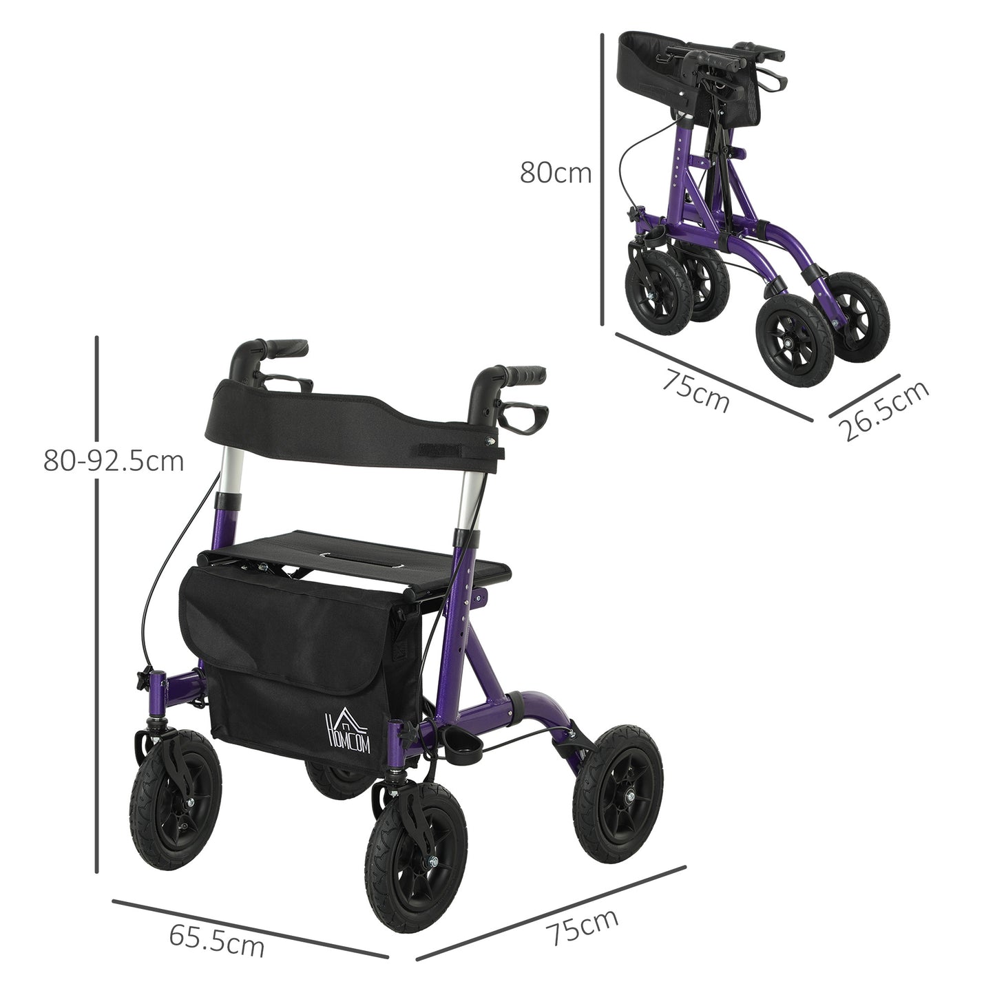 HOMCOM Folding Rollator Walker with Seat, Storage Bag, Adjustable Handle, Purple