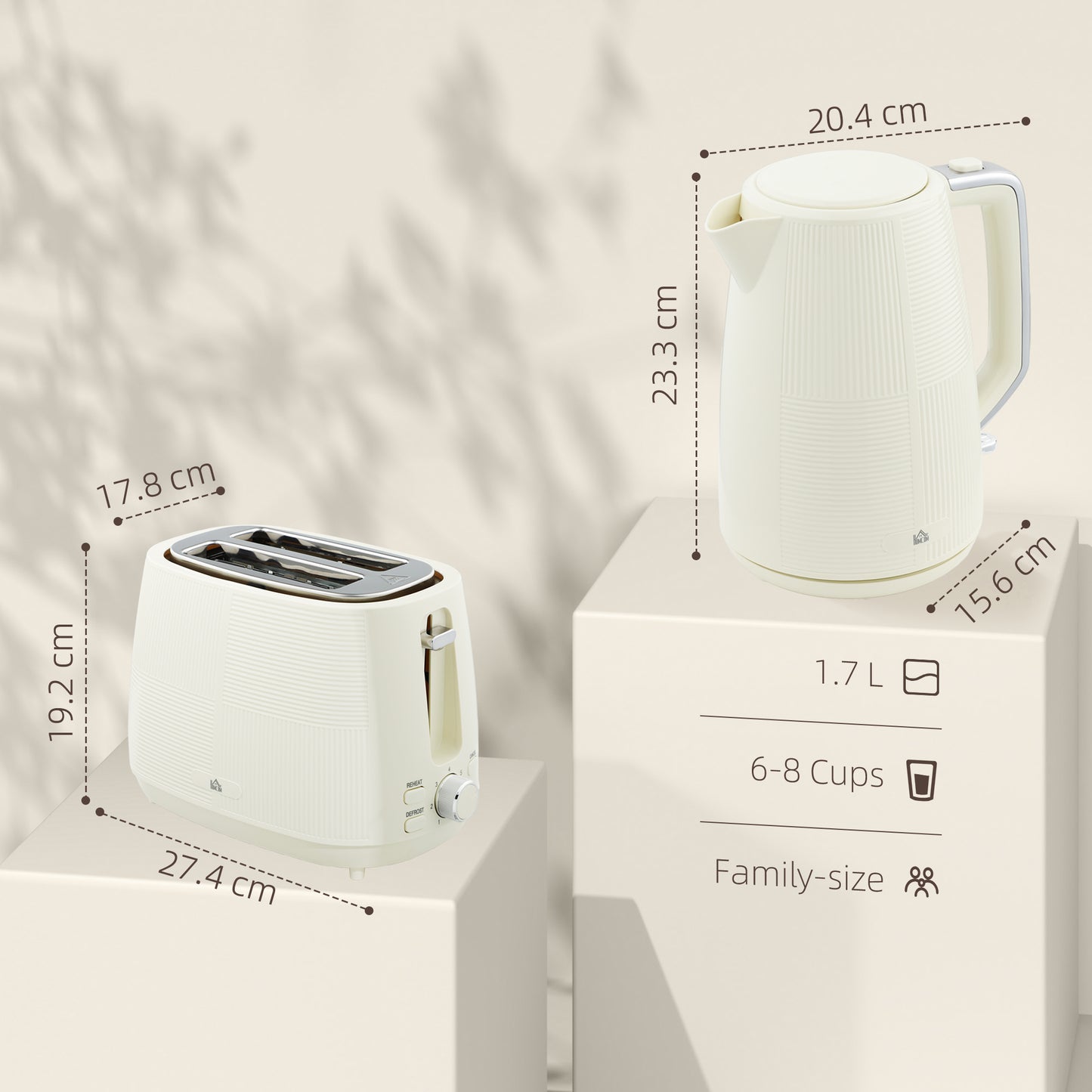 HOMCOM Kettle and Toaster Set, 1.7L 3000W Fast Boil, 2 Slice Toaster, 7 Browning Levels, Cream White