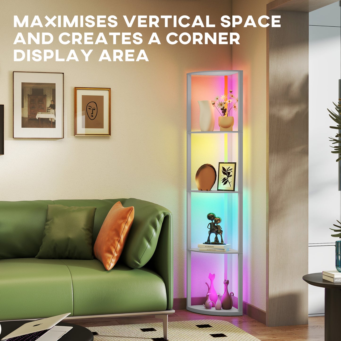 HOMCOM RGB LED Floor Lamp with Shelves, 5-Tier Dimmable with Adjustable Brightness, Remote Control, Corner Display Unit, Grey