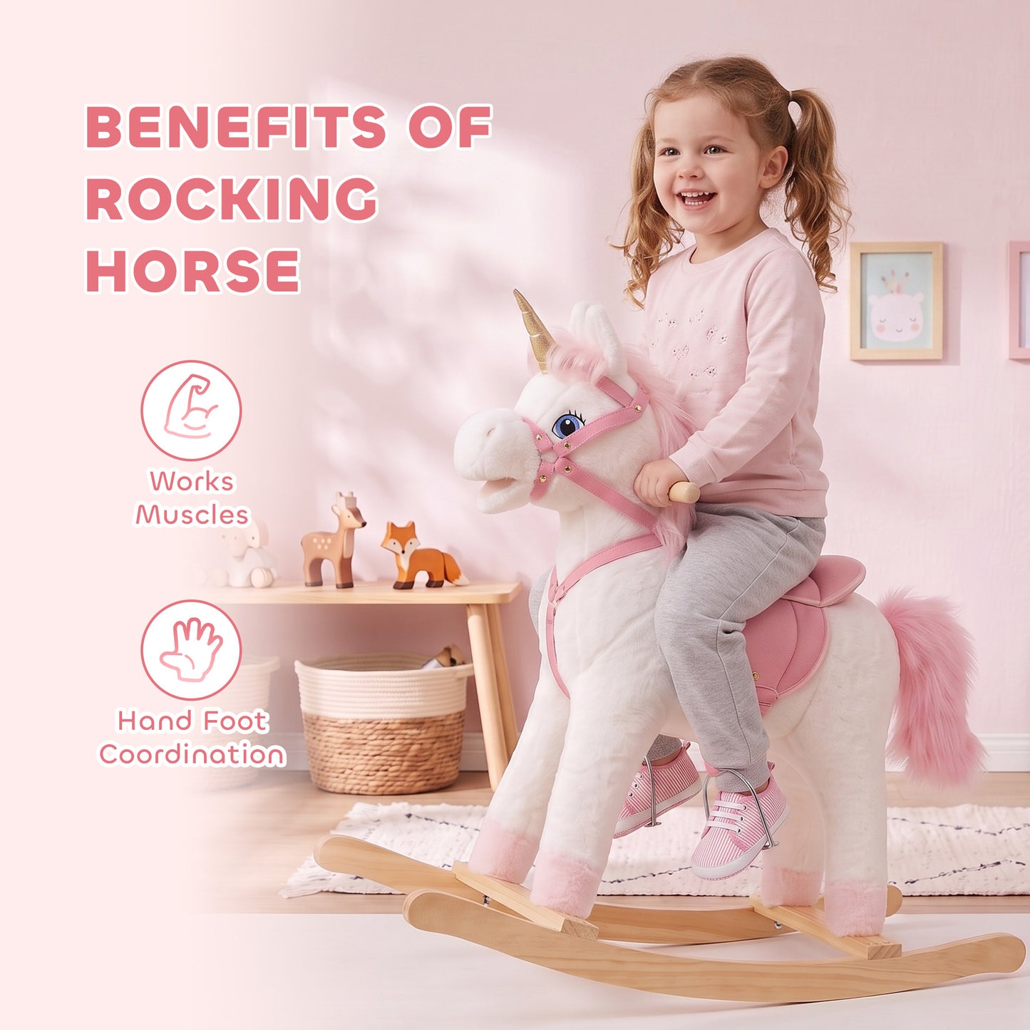 AIYAPLAY Rocking Horse, Unicorn Kids Ride on Horse with Rocking Limit, Hoofbeats, Neighing, Moving Mouth & Tail, for 1-3 Y, White