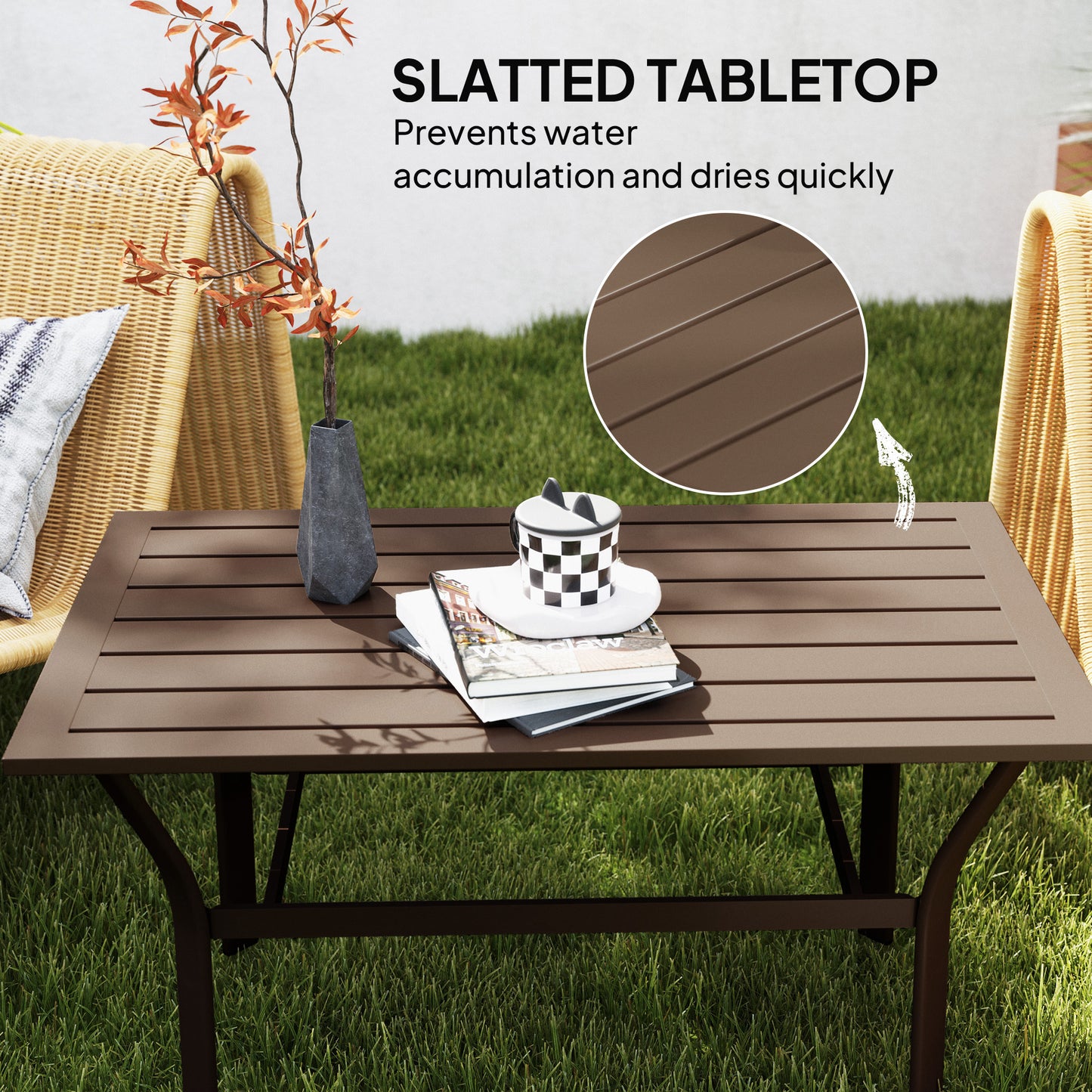 Outsunny Metal Garden Coffee Table, Rectangular Outdoor Side Table with Slatted Tabletop and Foot Pads for Garden or Porch, Brown