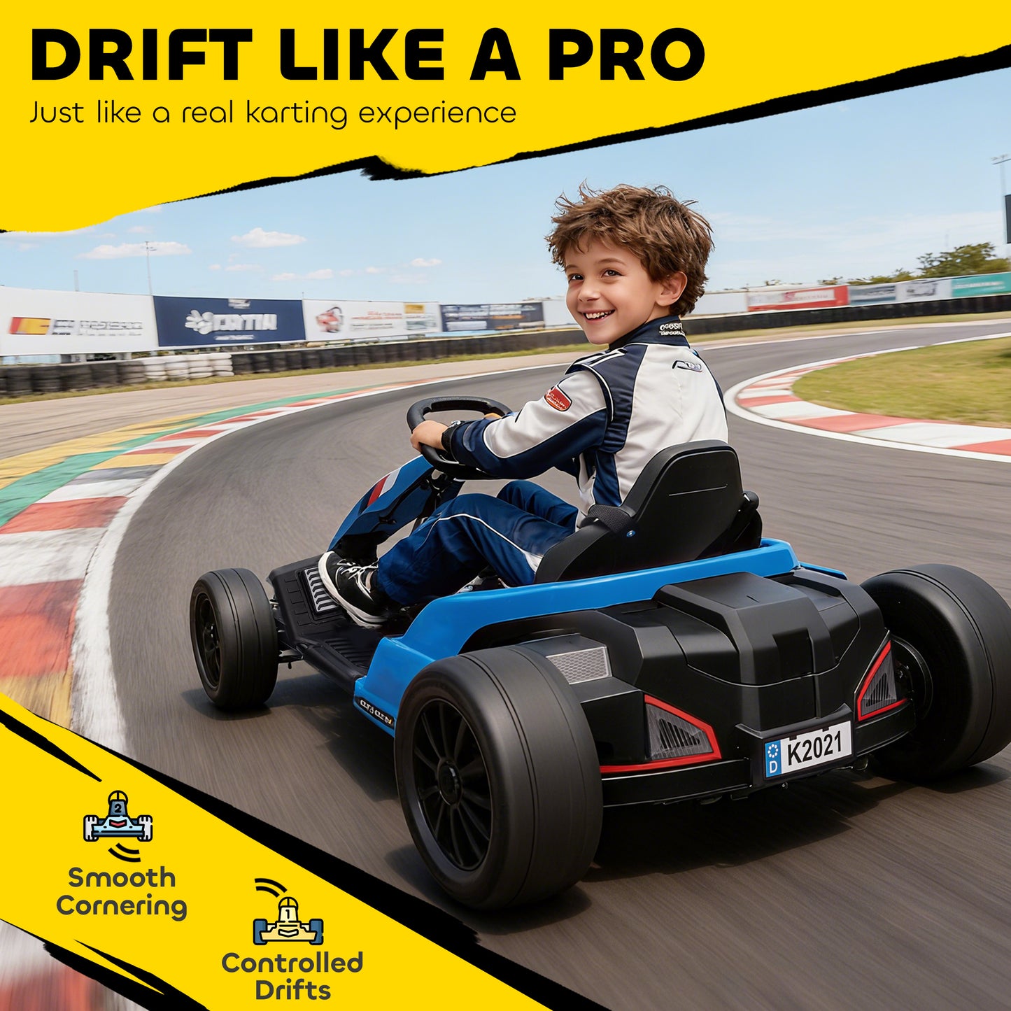 AIYAPLAY 24V Electric Go Kart, Drift Kart with Adjustable Seat, Slow Start, 5-Point Harness, Music, Horn, for 6-12 Years, Blue