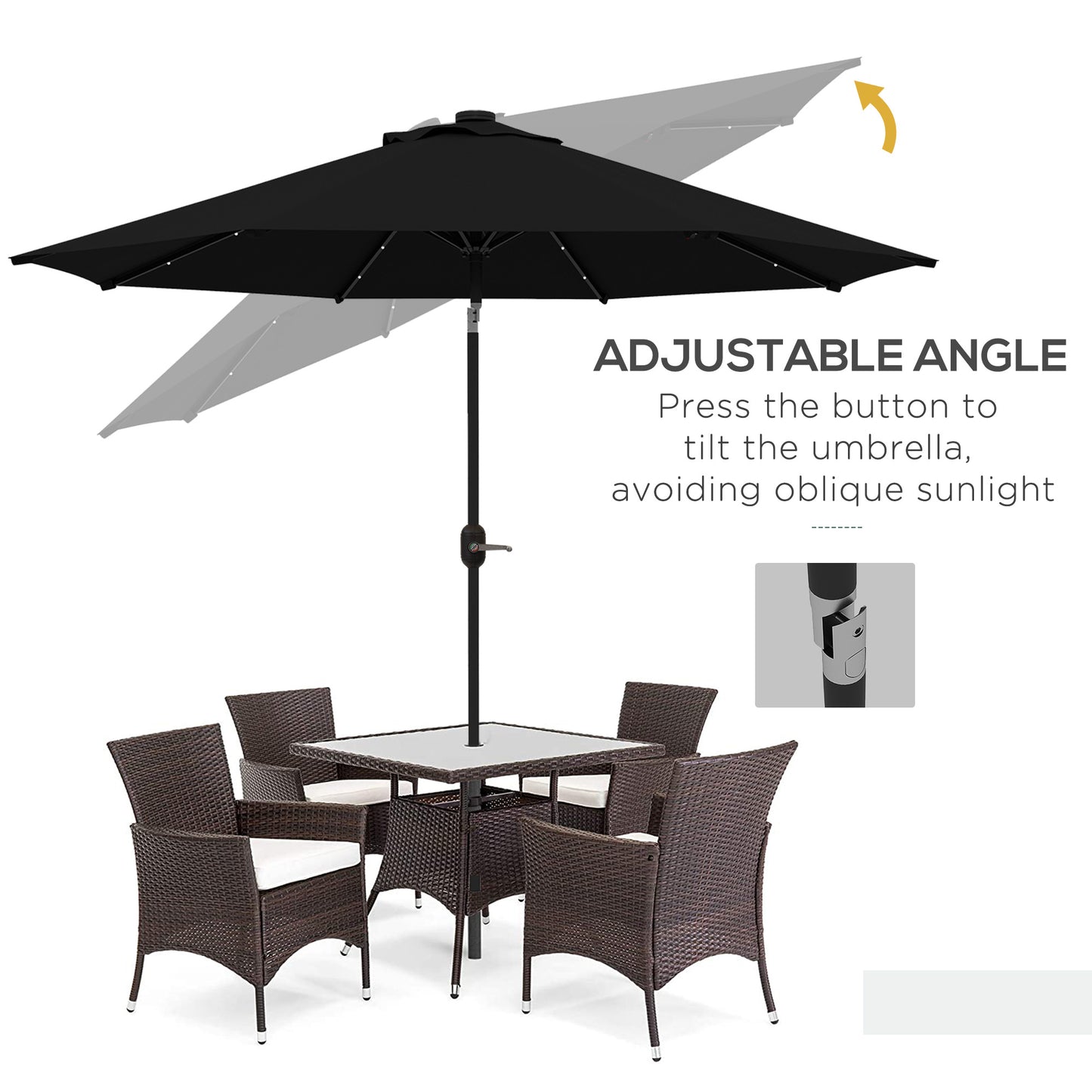 Outsunny 2.7m Outdoor Patio Garden Umbrella Parasol with Tilt Crank and 24 LEDs Lights Black