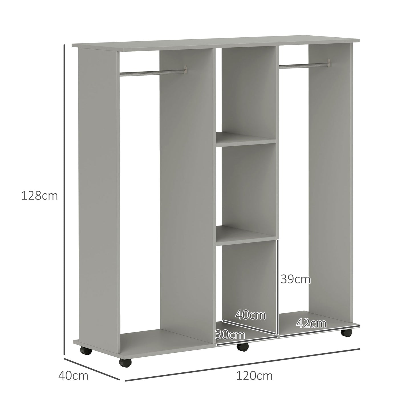 HOMCOM Open Wardrobe on Wheels, Clothes Rails, 3 Shelves, Grey