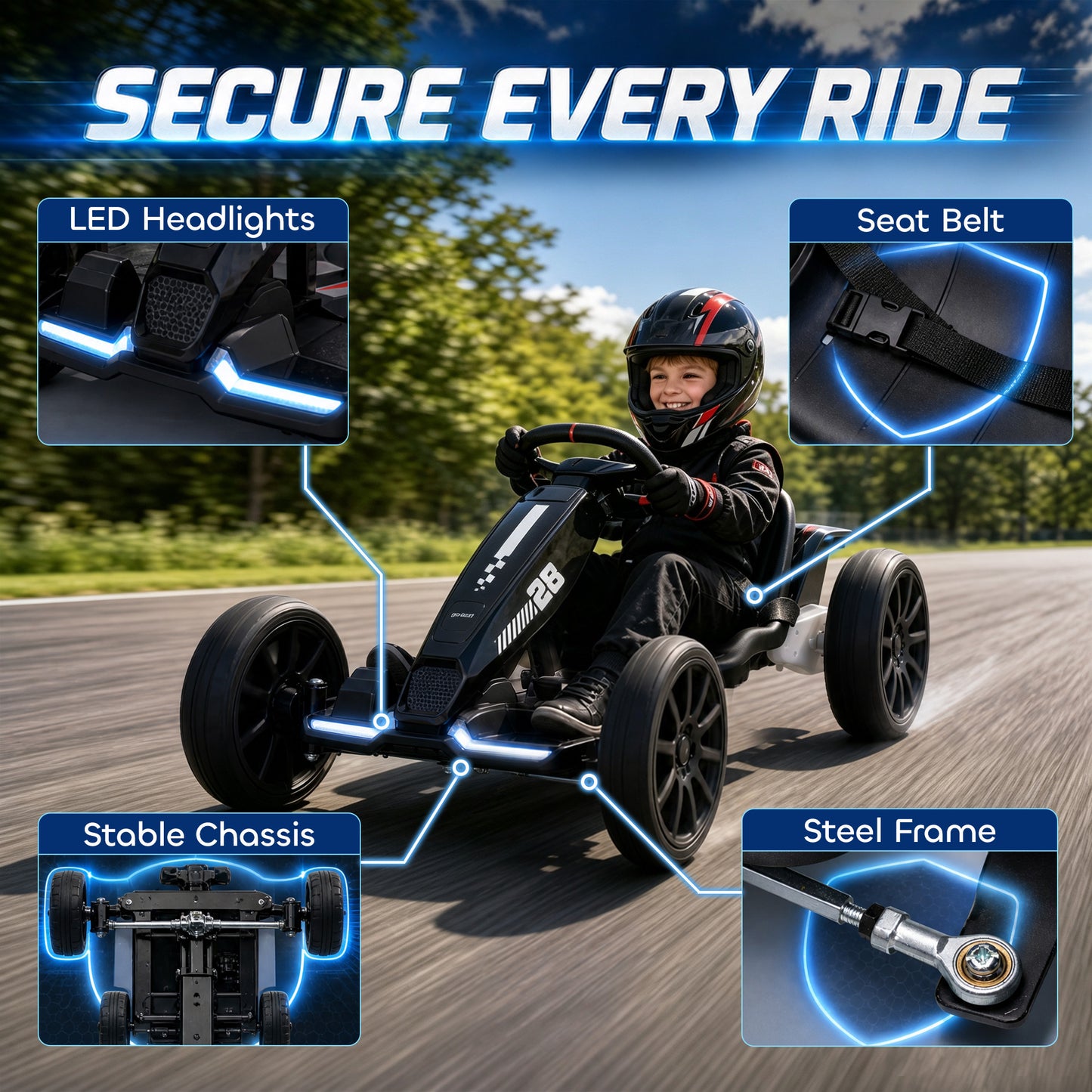 AIYAPLAY 12V Electric Go Kart for Kids with Dual Motors, Adjustable Seat, Soft Start, LED Lights, EVA Wheels, for Age 3-6, Black