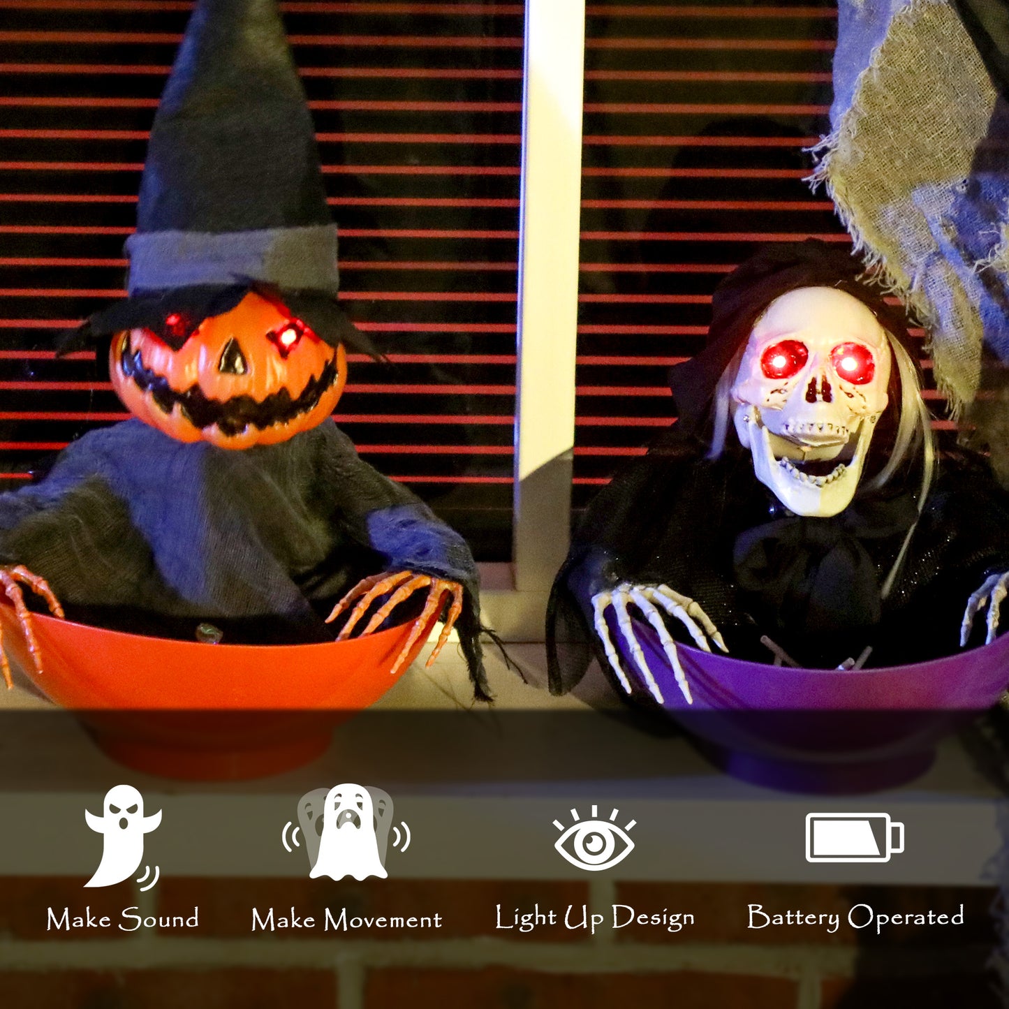Outsunny 2pcs Animated Halloween Skull Bowl with LED Eyes, Moving Body, Creepy Sound, Skeleton Ghost Candy Dish for Party Decoration