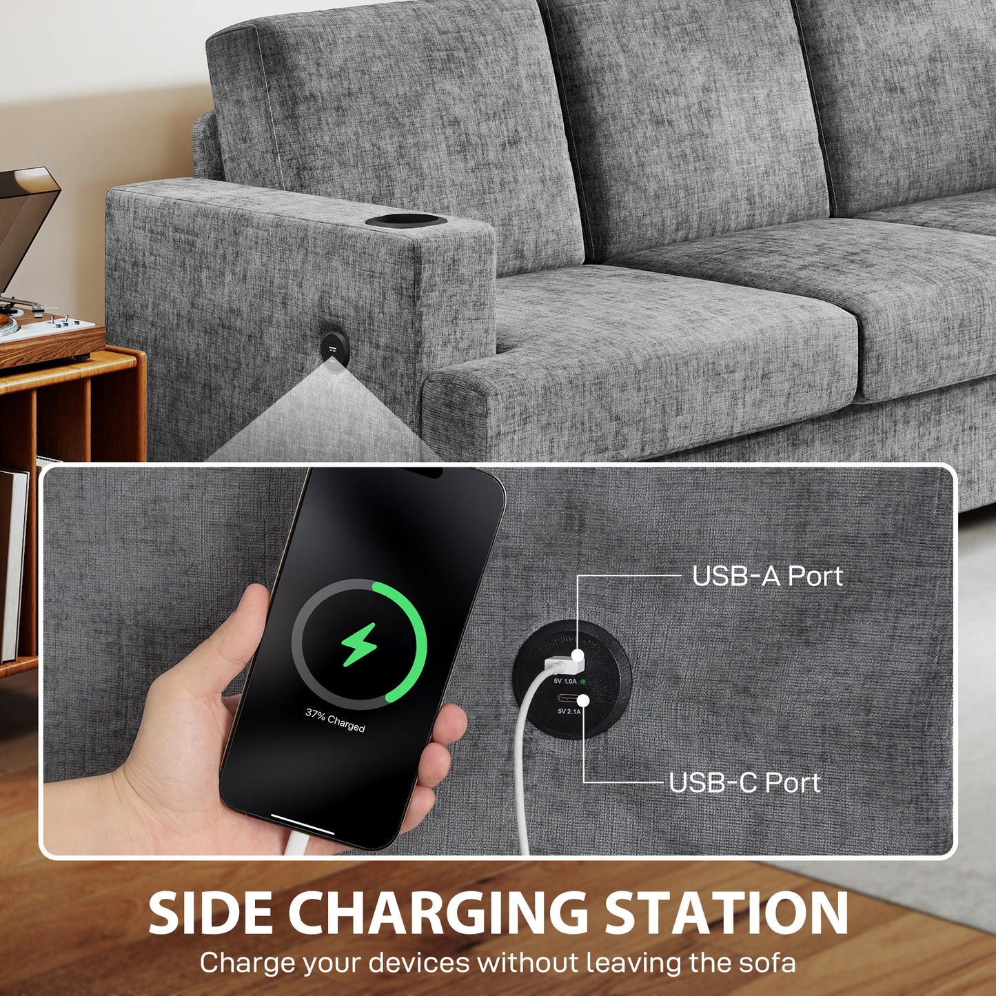 HOMCOM 3 Seater Sofa with USB Ports & Cup Holders - Grey