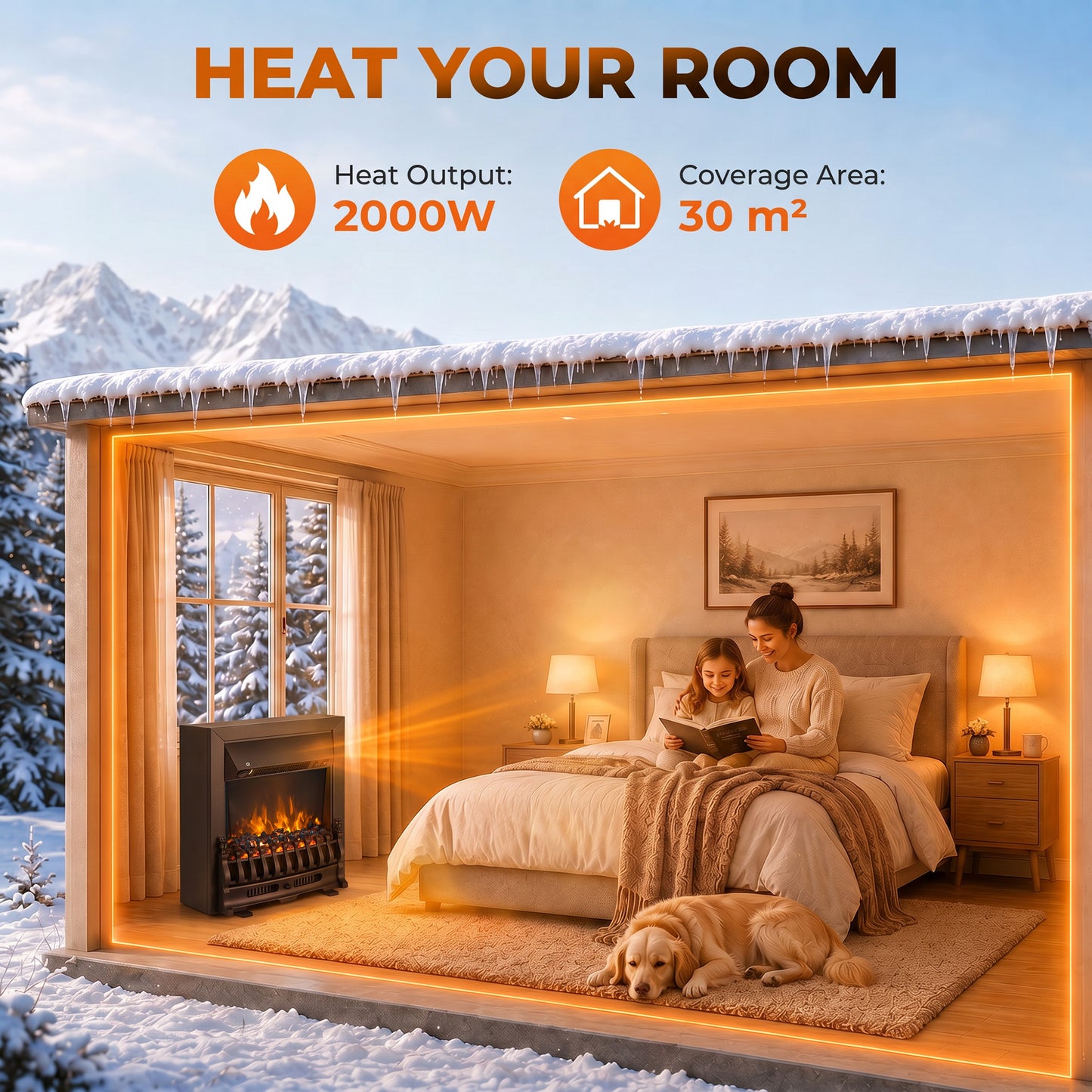 HOMCOM Electric Fireplace Stove Freestanding/ Inset, 1000W/2000W, Electric Fire Heater with LED Flame Effect, Coal Logs, Black