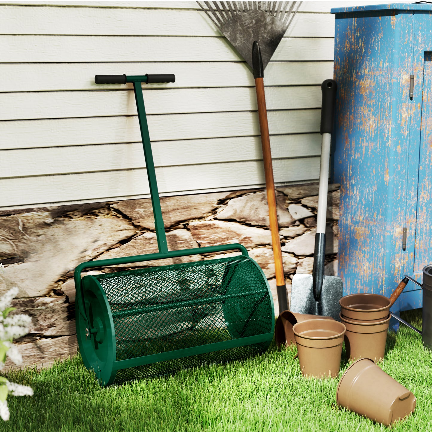 Outsunny Compost Spreader Metal Mesh Basket Green 24"