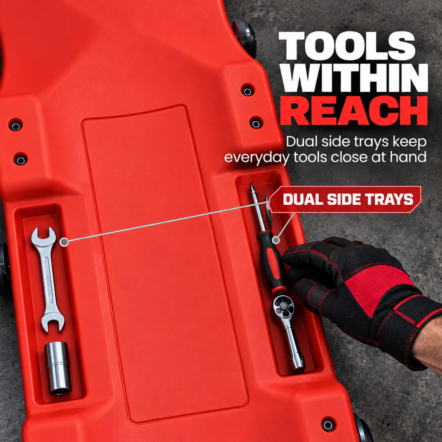 HOMCOM Low Profile Rolling Shop Creeper, Padded Headrest, Dual Tool Trays, 6 Swivel Casters, 150 kg, Red