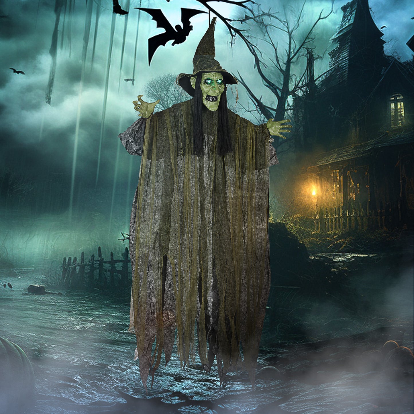 Outsunny Life Size Hanging Halloween Animated Witch with LED Eyes, Spooky Battery Operated Decorations, Indoor Props, 170 cm, Black