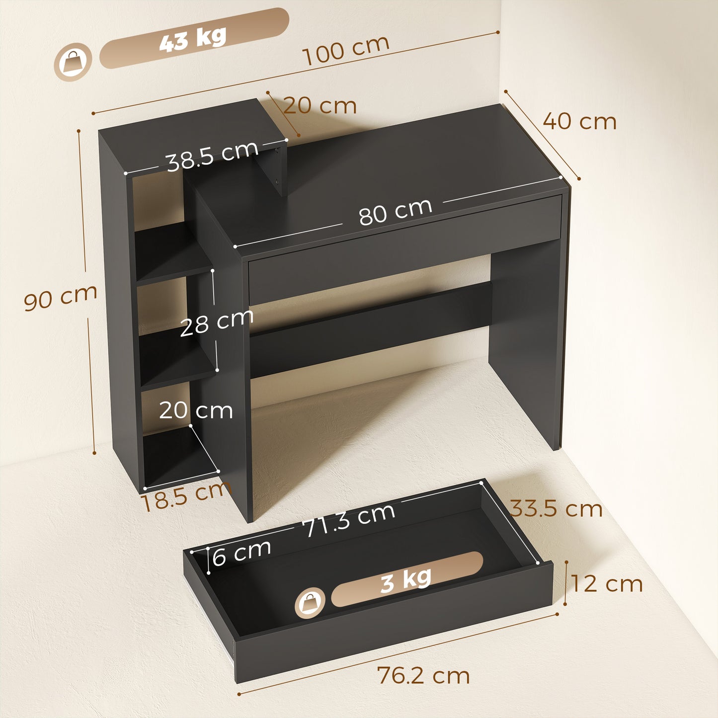 HOMCOM Desk with Storage, Computer Desk with 3 Open Shelves and Drawer, Workstation, Computer Table, Black