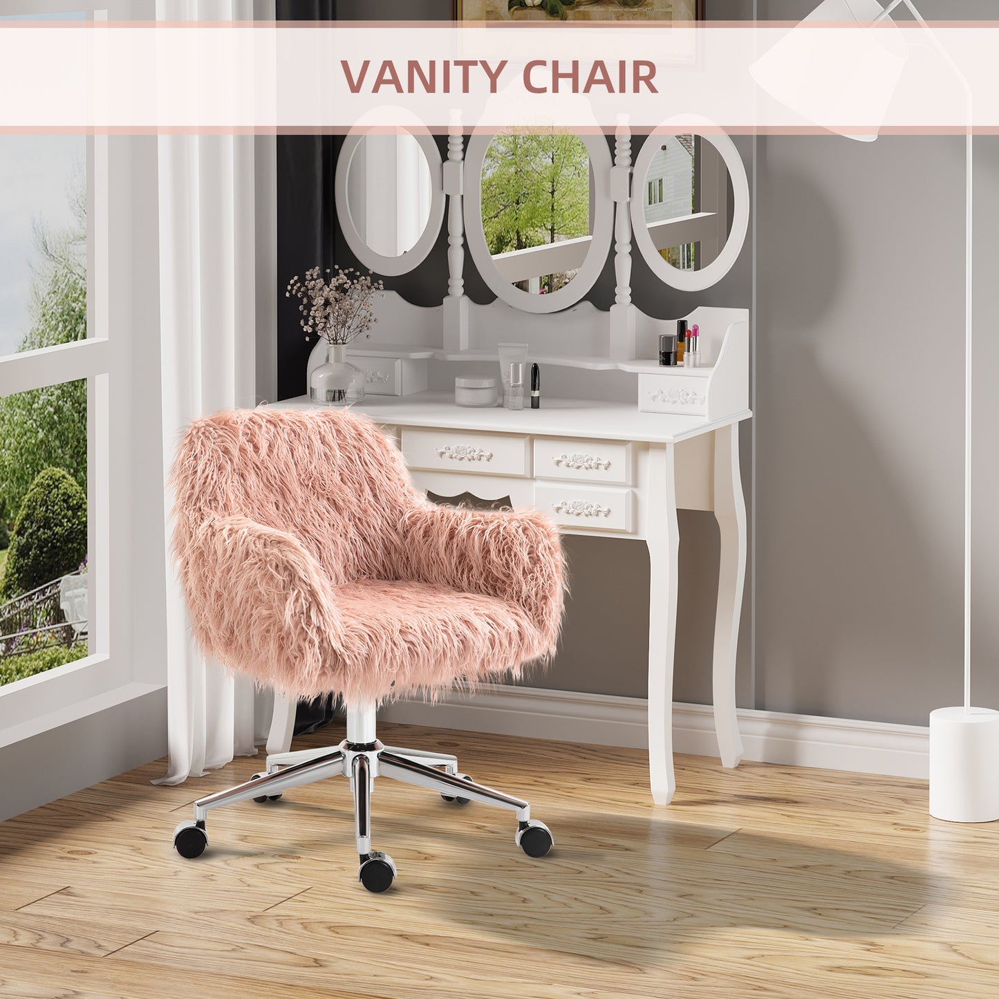 Vinsetto Faux Fur Desk Chair, Rolling Swivel Makeup Chair with Adjustable Height, Armrets for Home Office, Bedroom, Pink