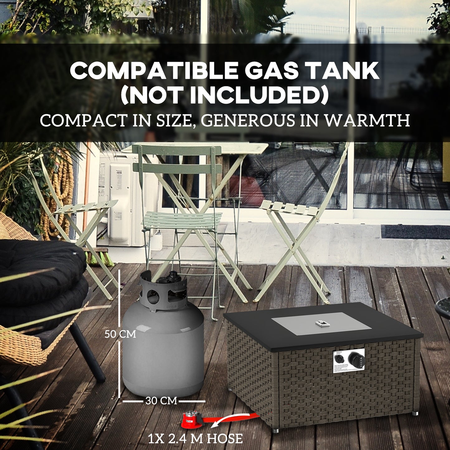 Outsunny Rattan Gas Fire Pit Table, 13 KW Propane Fire Pit with Lid, Square Patio Heater/Coffee Table for Garden Outdoor, 58x58x33 cm, Grey