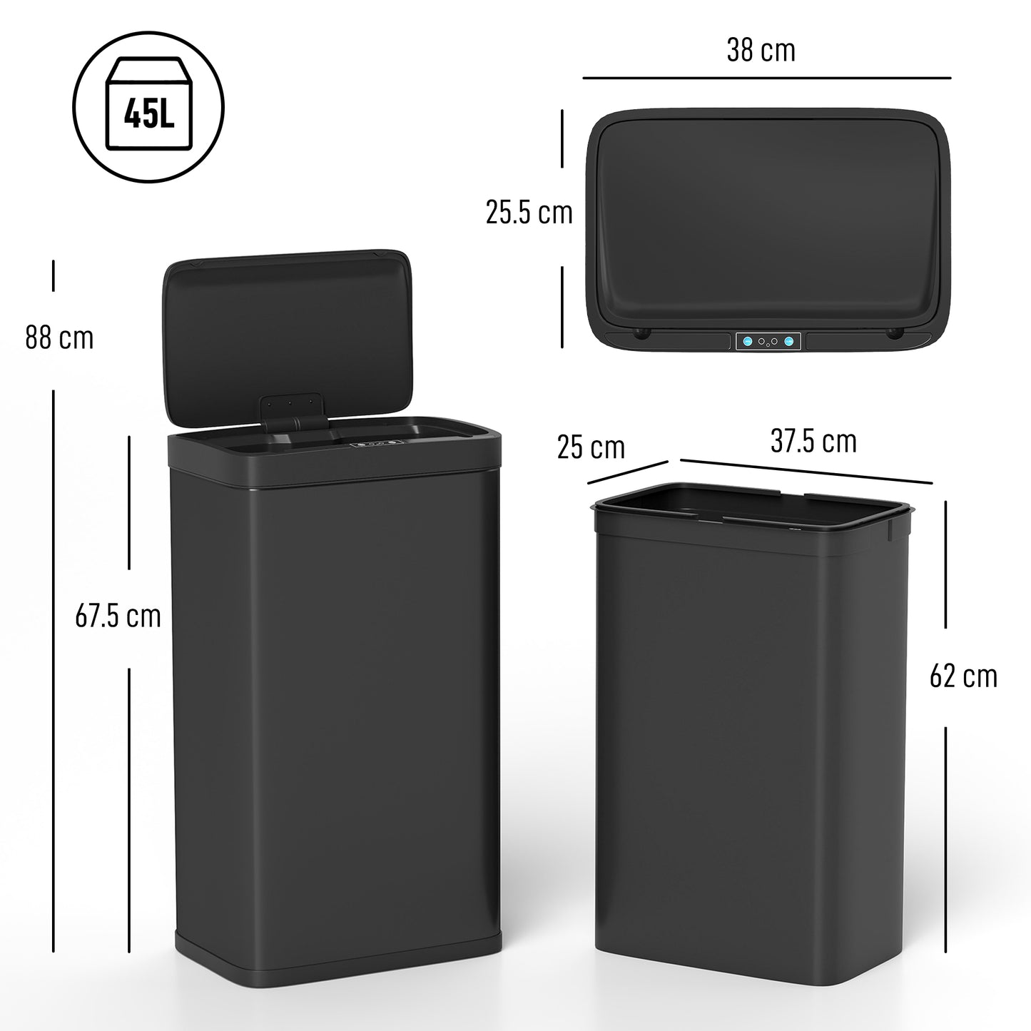 HOMCOM 45L Kitchen Sensor Bin - Black