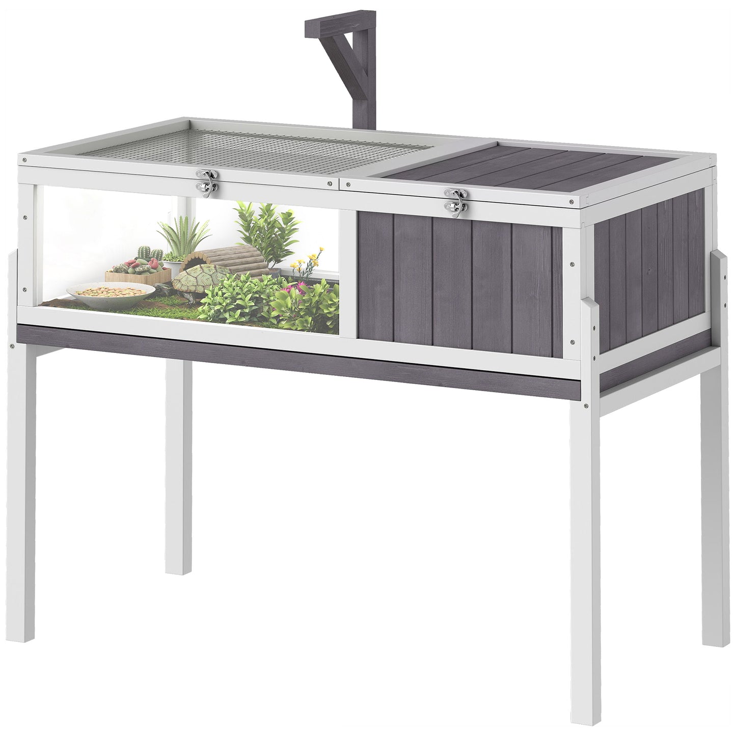 PawHut Turtle house enclosure 2 areas with lamp holder hinged roof sliding tray 104 x 53 x 82 cm gray