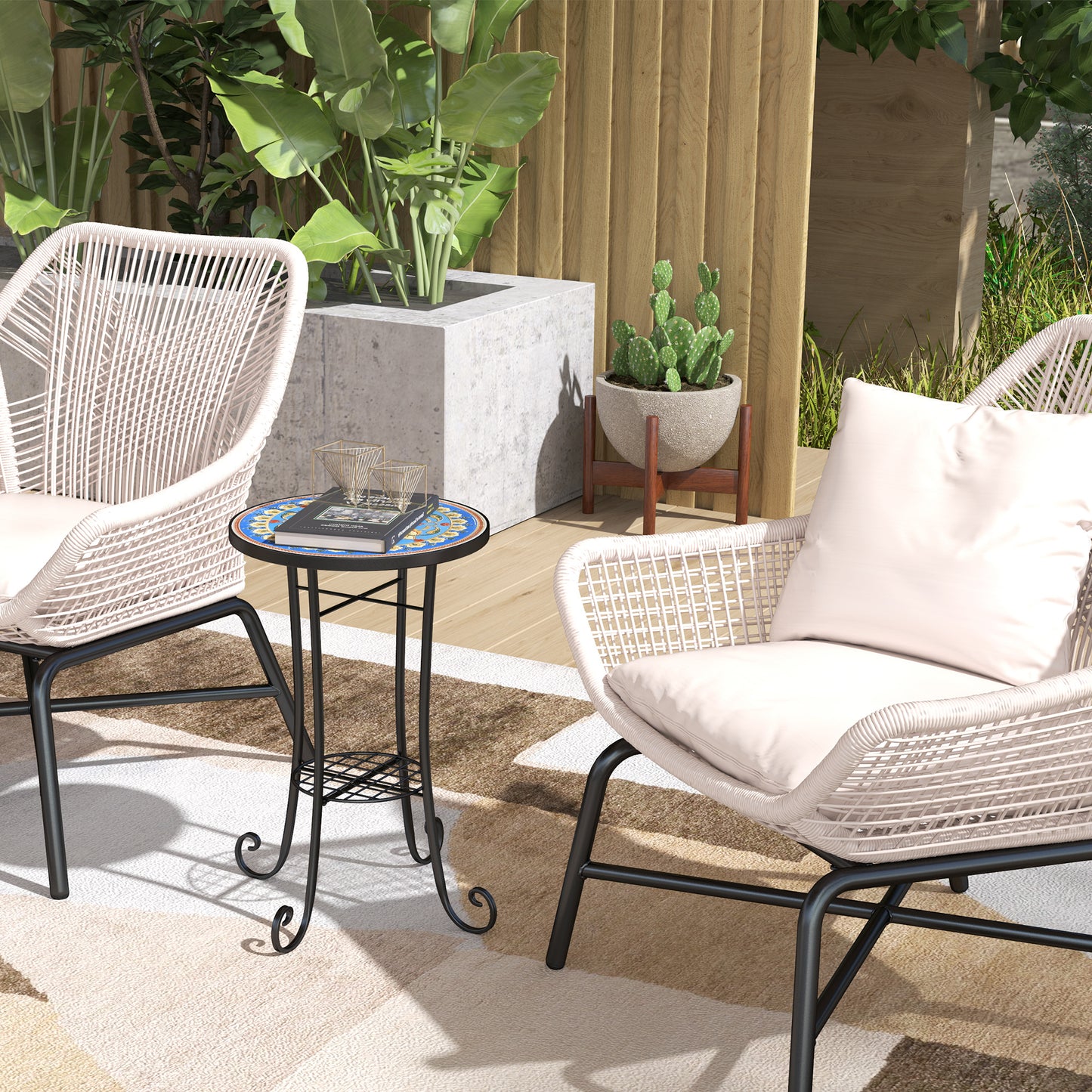 Outsunny Mosaic Garden Table, 35.5 cm Round, Ceramic Tile Top, Side Table/Plant Stand, Blue for Patio/Balcony