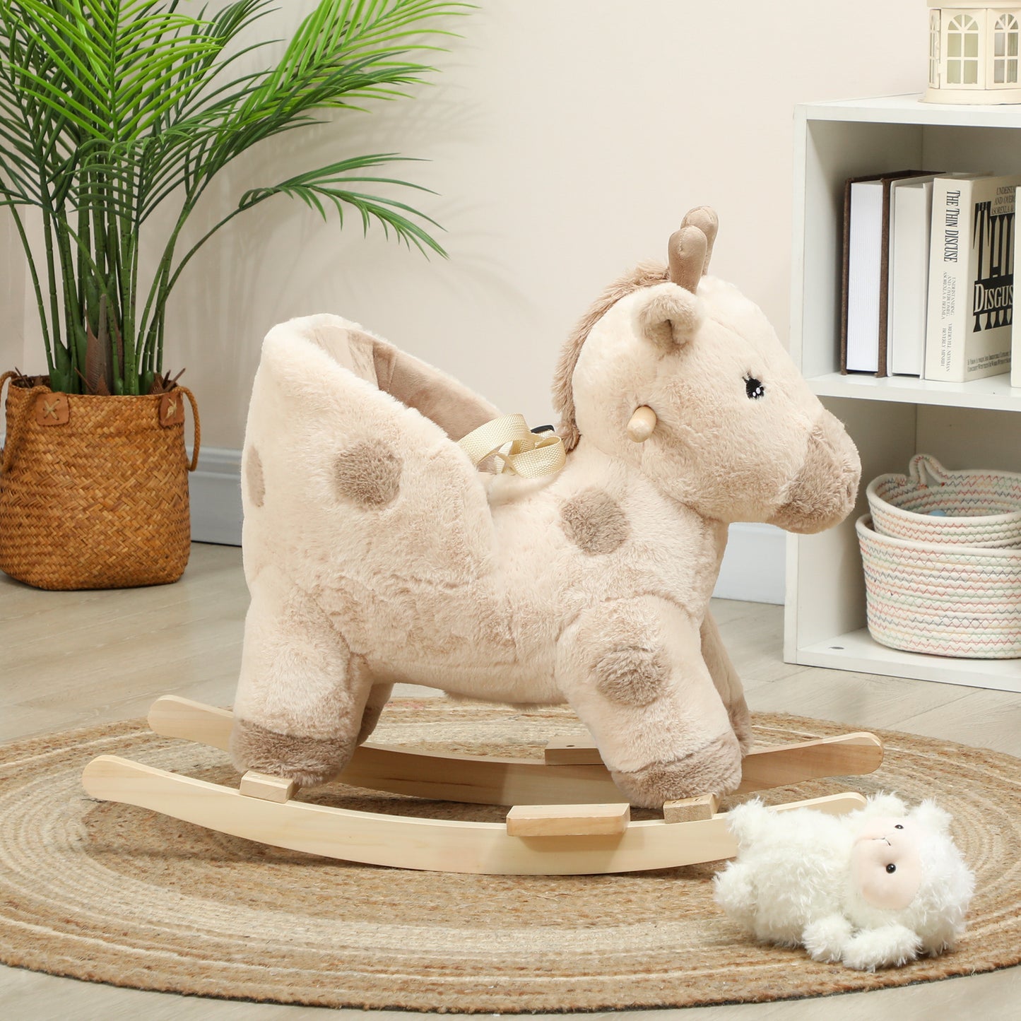 AIYAPLAY Rocking Horse, Stable Plush Ride on Horse Giraffe Design with Music, Security Belt, Baby Toy Rocker for 1-3 Years, Beige