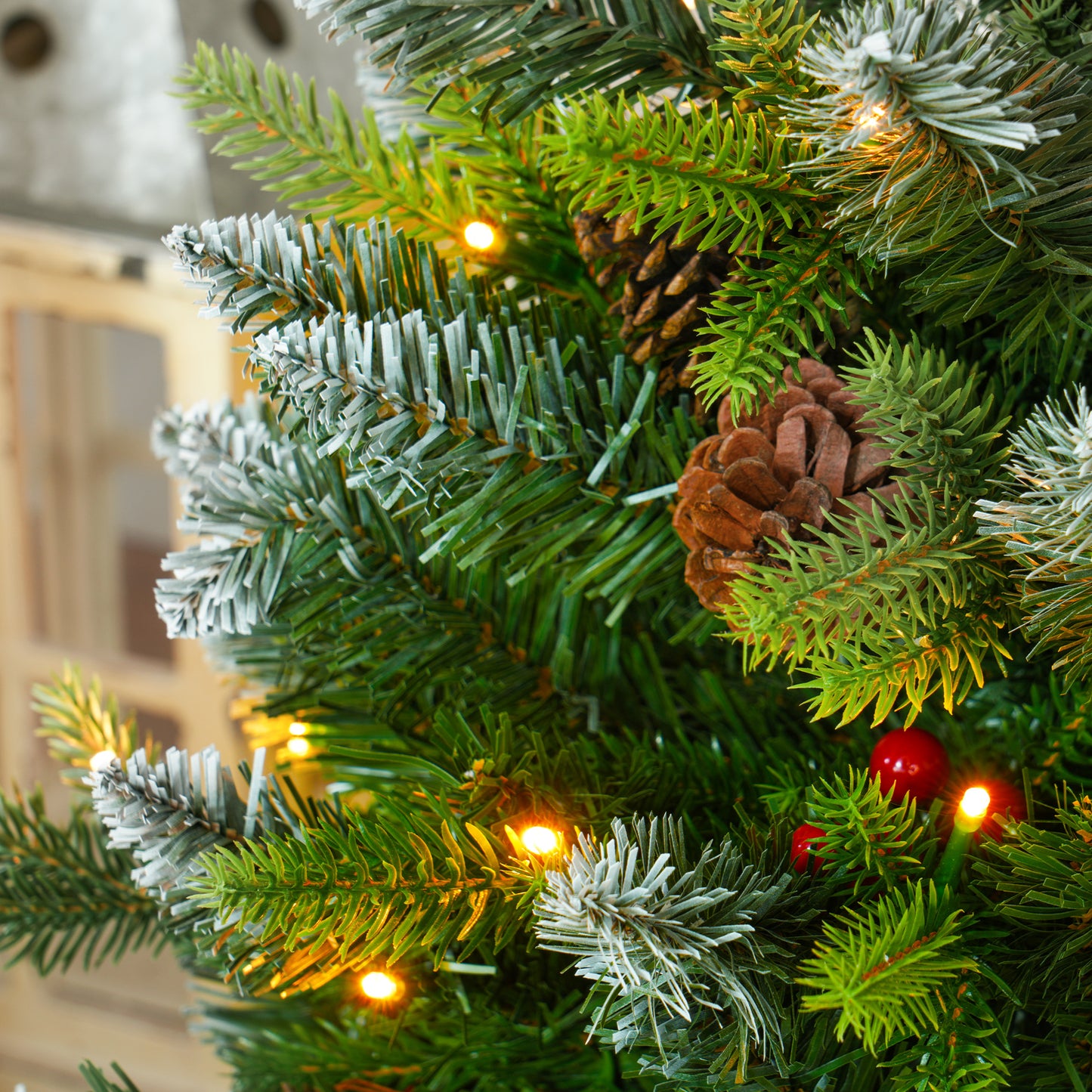 HOMCOM Set of Two 3ft Christmas Trees, with Lights, Berries and Pinecones