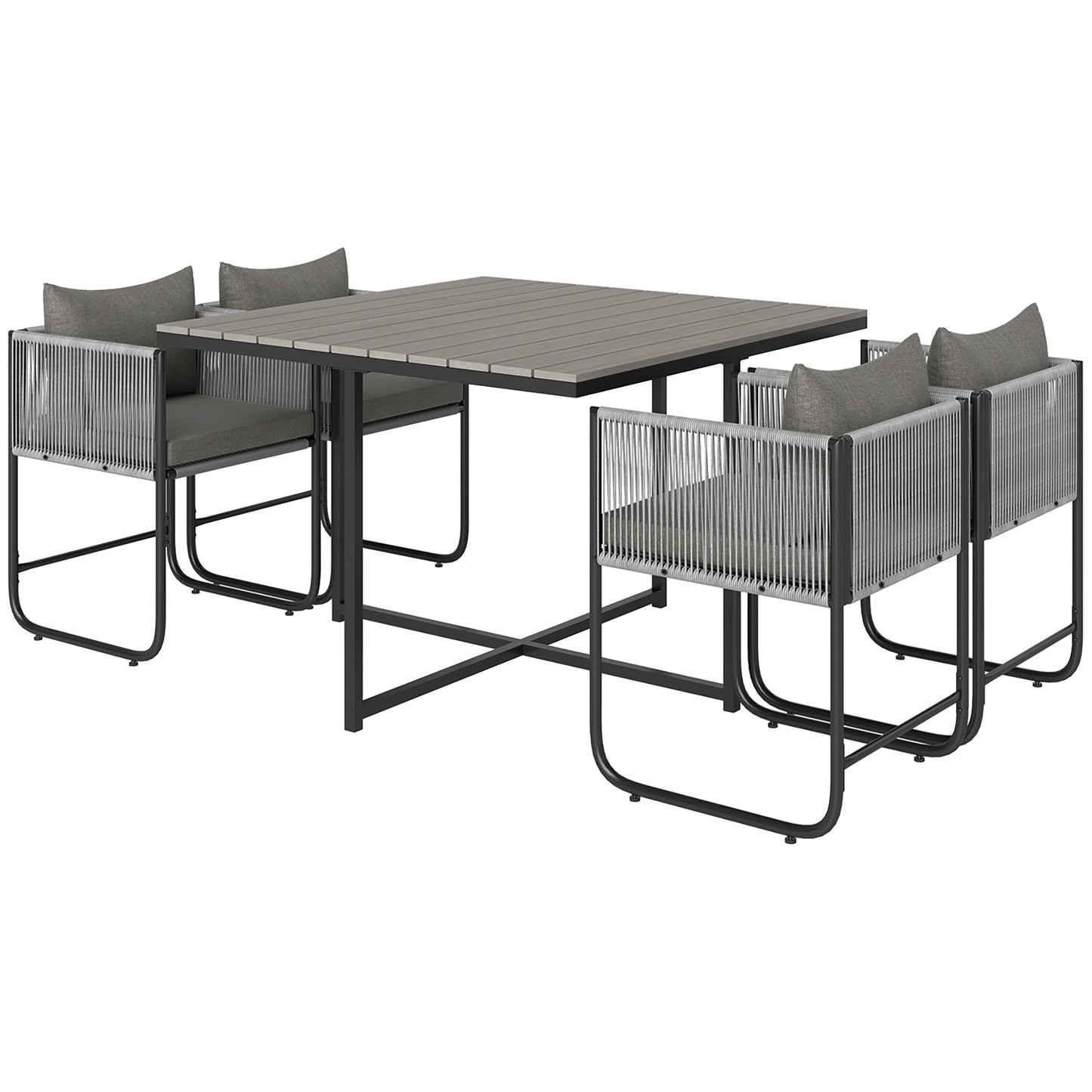 Outsunny 4 Seater Rattan Cube Dining Set with Cushions, Outdoor Table and Chairs, Wood Grain Top for Patio, Balcony, Grey