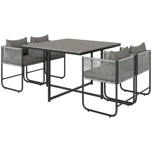 Outsunny 4 Seater Rattan Cube Dining Set with Cushions, Outdoor Table and Chairs, Wood Grain Top for Patio, Balcony, Grey