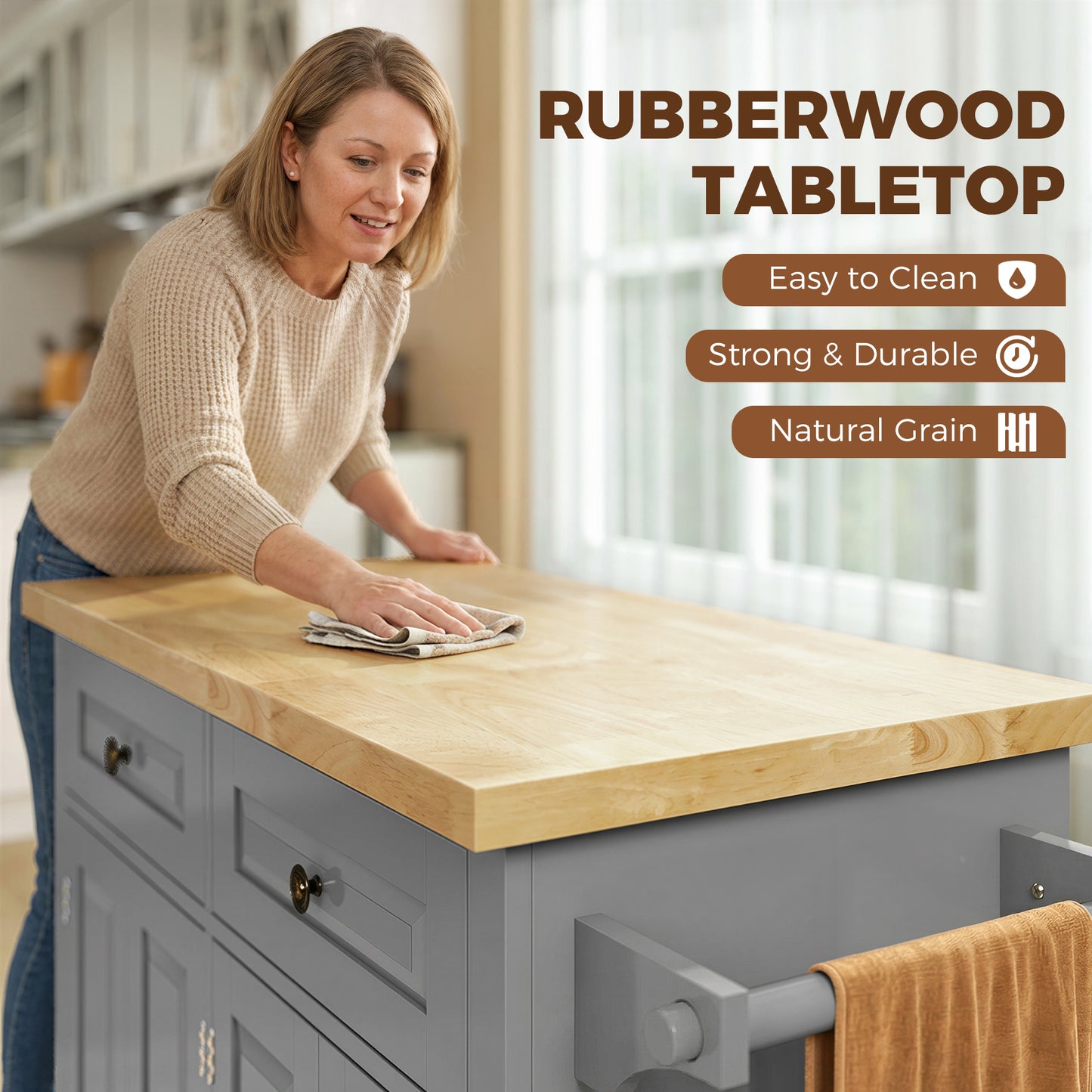 HOMCOM Kitchen Island on Wheels, Rolling Kitchen Trolley with Rubberwood Top, 2 Drawers, Adjustable Shelves, Grey