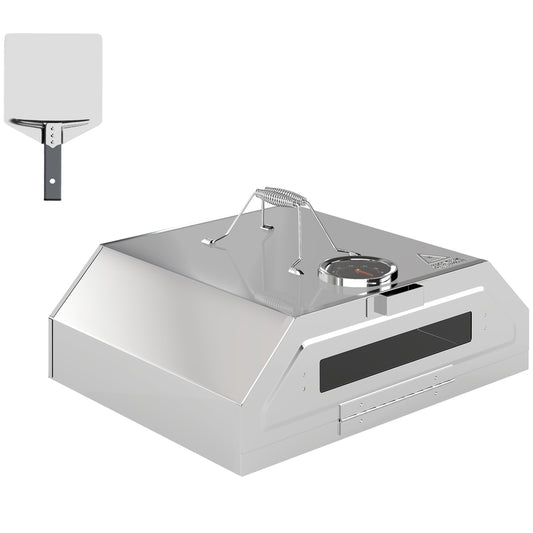 Outsunny Portable Stainless Steel BBQ Pizza Oven with Thermometer & Viewing Window for Grills, Includes Stone & Peel, Silver Tone