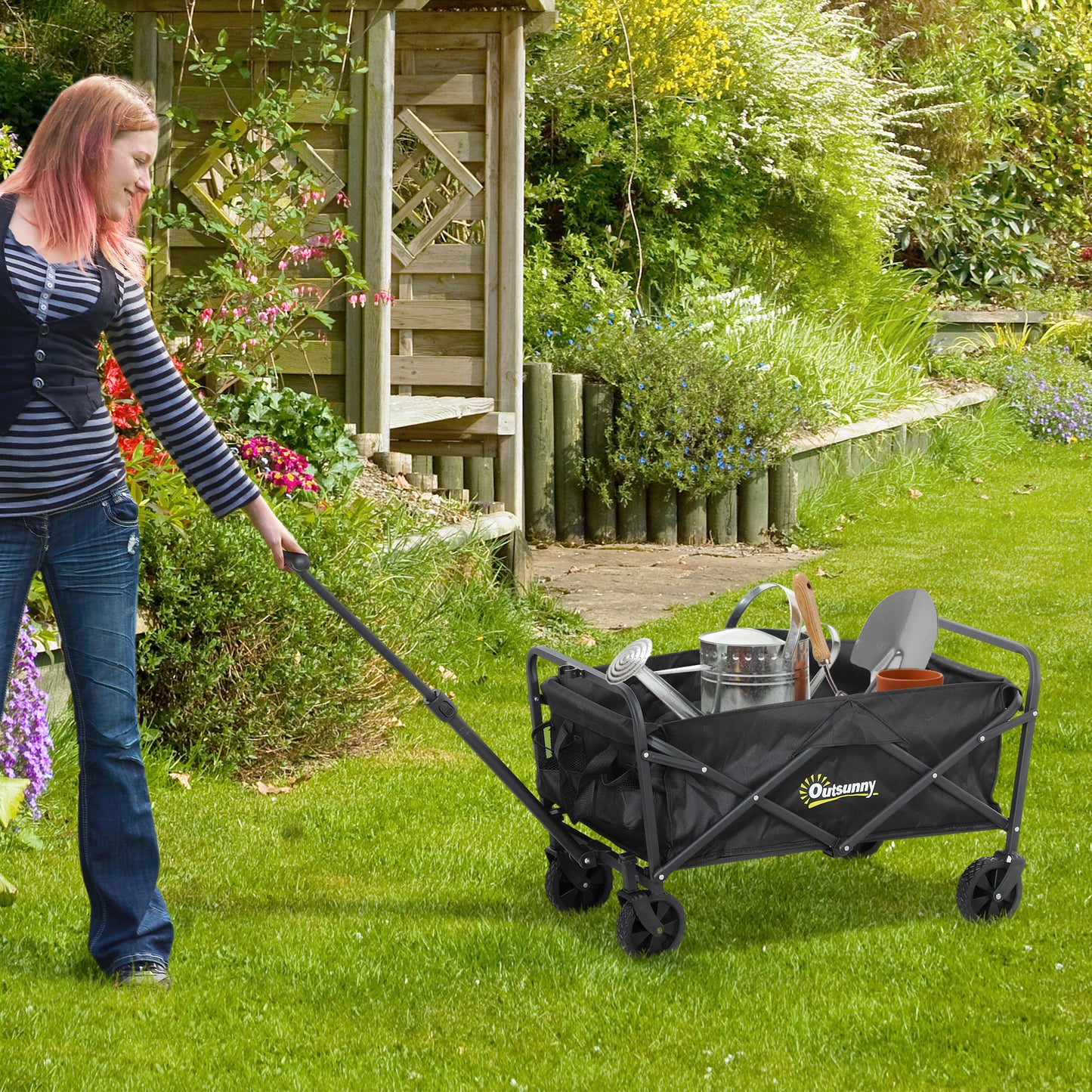 Outsunny 62L Festival Trolley, Folding Wagon with Adjustable Handle & Bag, 120kg Capacity, for Beach/Camping/Festival, Black