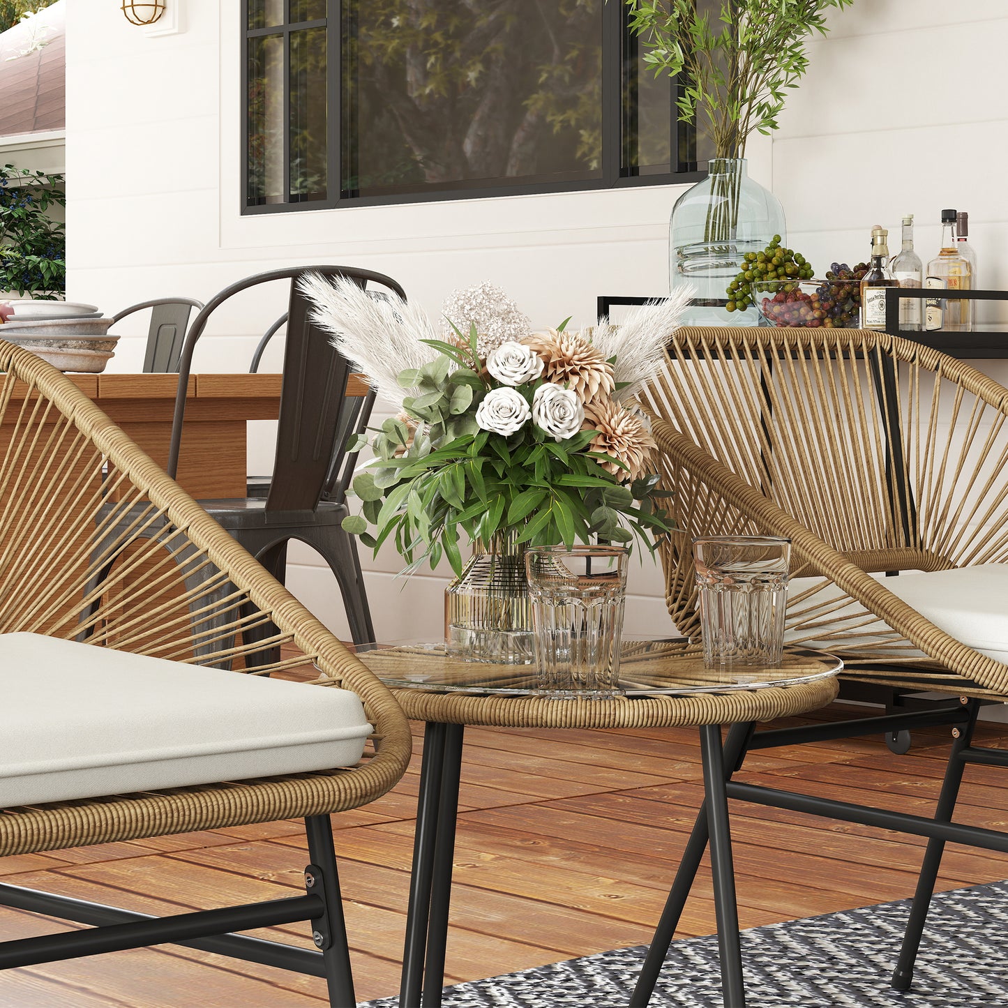 Outsunny 3-Piece Rattan Bistro Set, Garden Table & Chairs with Cushions, Glass Top for Patio/Balcony