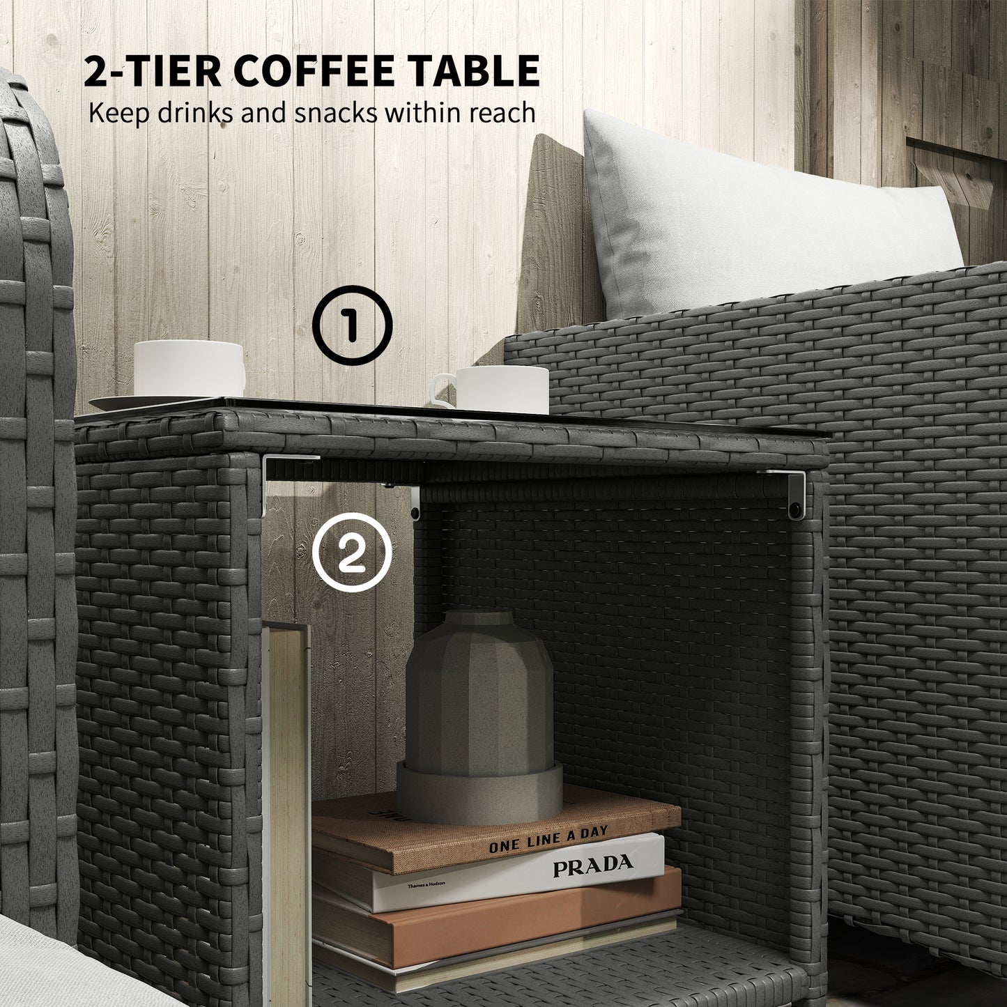 Outsunny Five Piece Rattan Garden Furniture Set with 2-Tier Coffee Table and Ottomans - Grey